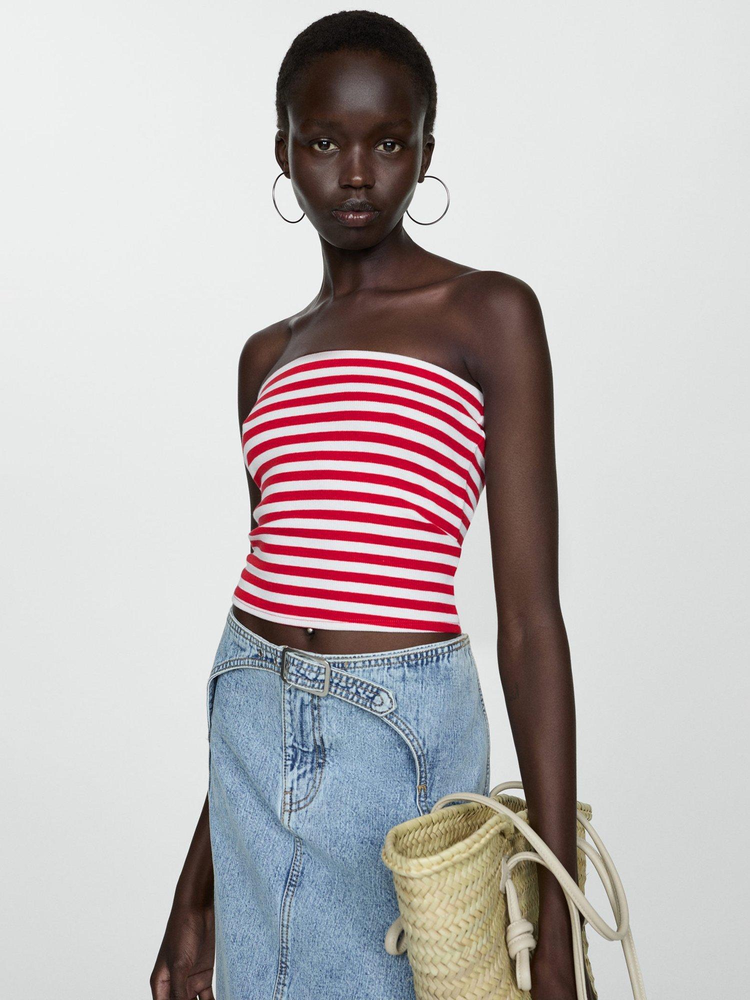 Mango Bandi Stripe Bandeau Top Red White