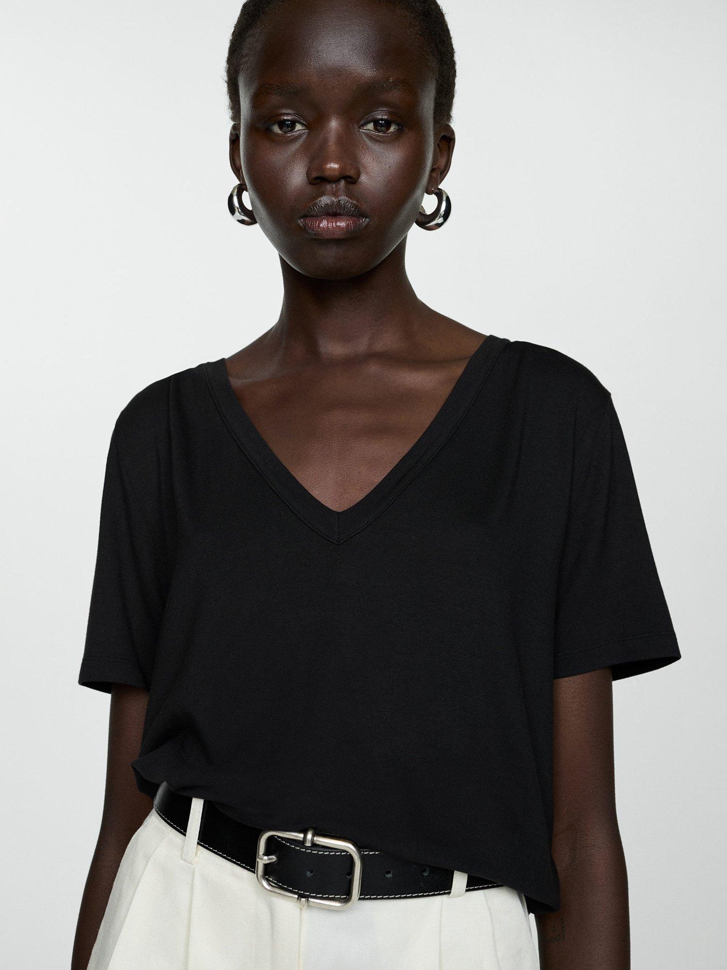 Mango Vispi V-Neck T-Shirt, Black