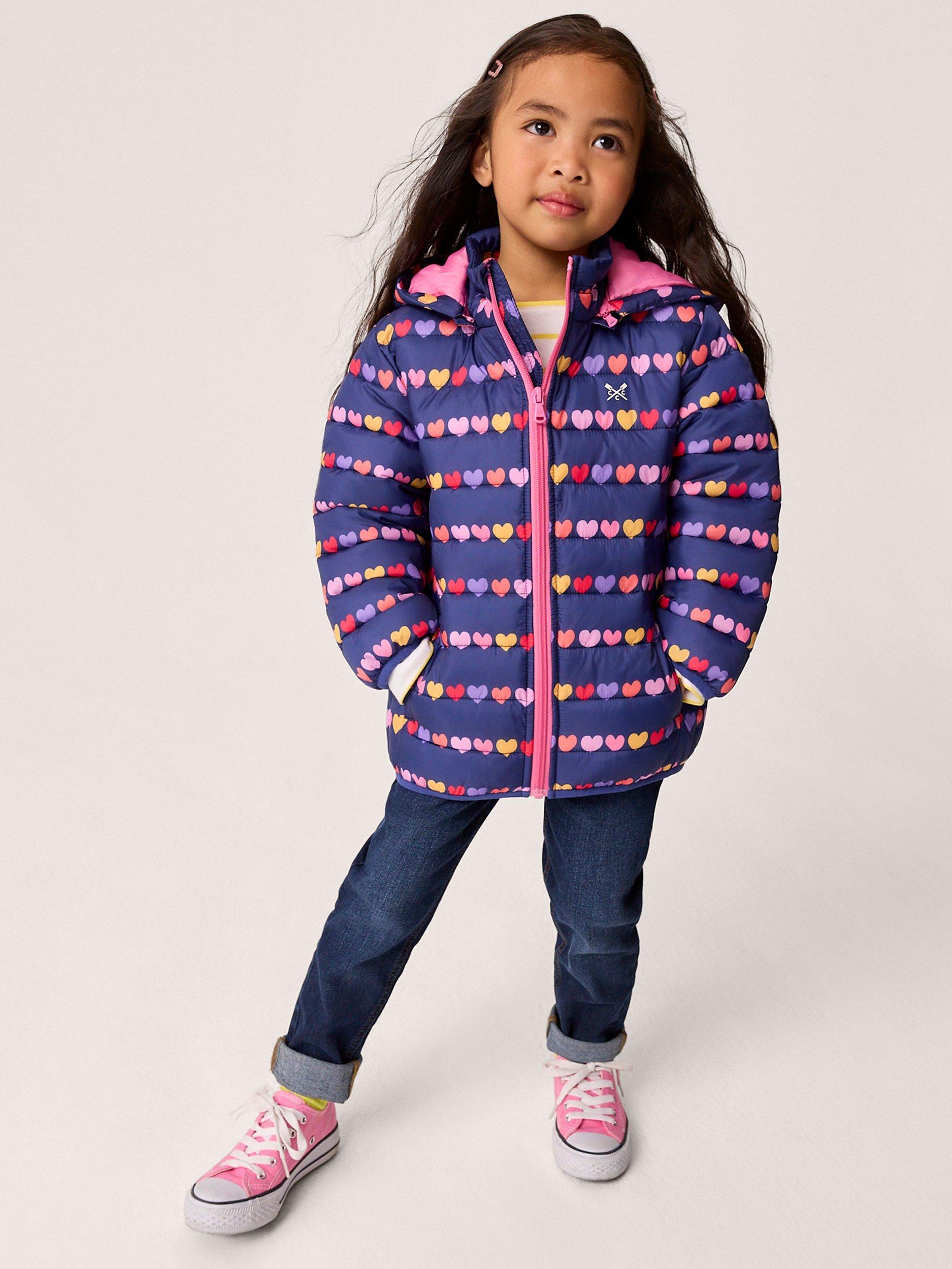 Crew Clothing Kids Lightweight Heart Print Puffer Jacket Navy Multi