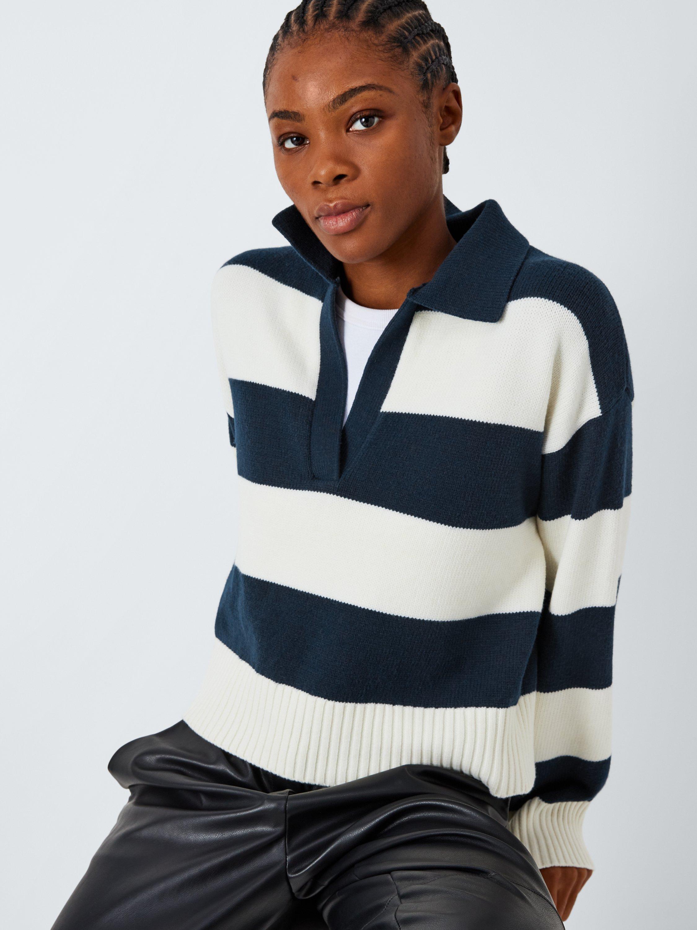 Product image 6 of 6, which shows John Lewis ANYDAY Stripe Knitted Rugby Jumper, Navy Stone, M