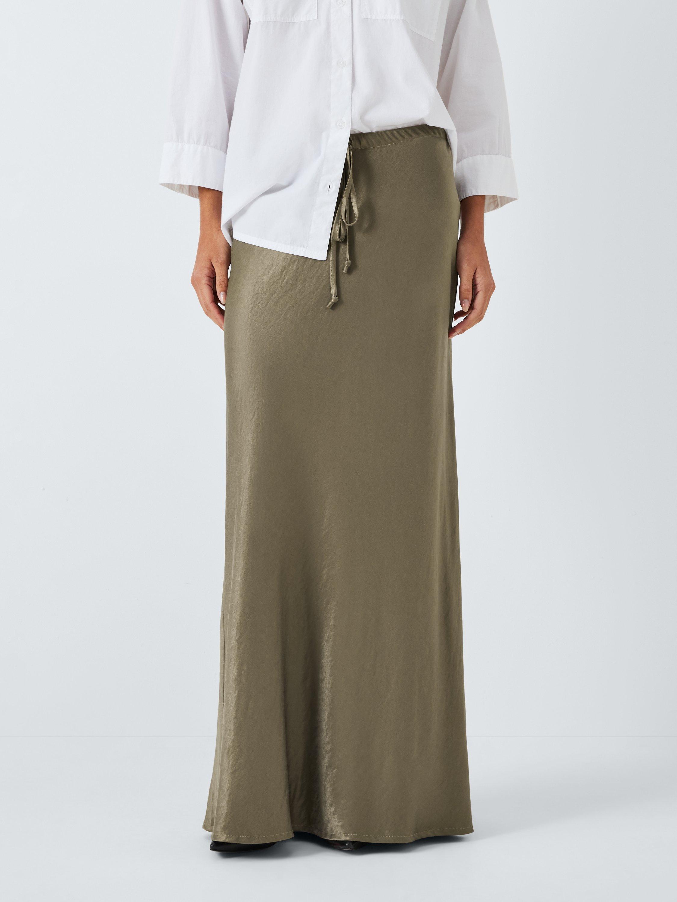 Product image 1 of 6, which shows John Lewis ANYDAY Drawstring Satin Maxi Skirt, Light Khaki, 6