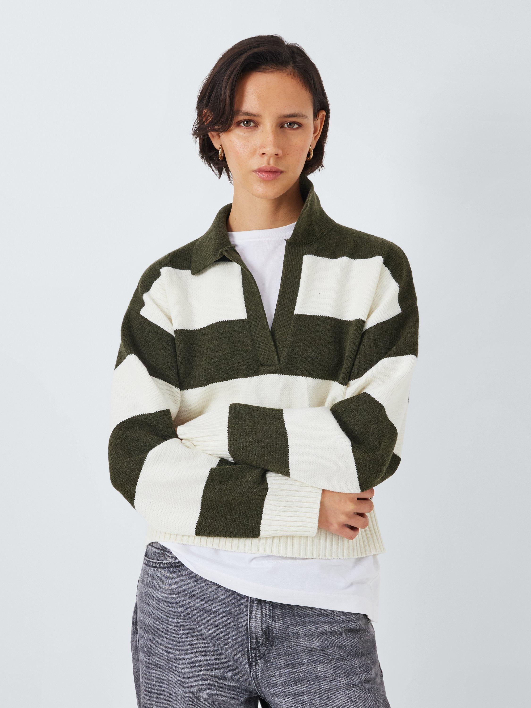 Product image 1 of 6, which shows John Lewis ANYDAY Stripe Knitted Rugby Jumper, Khaki Cream, XS
