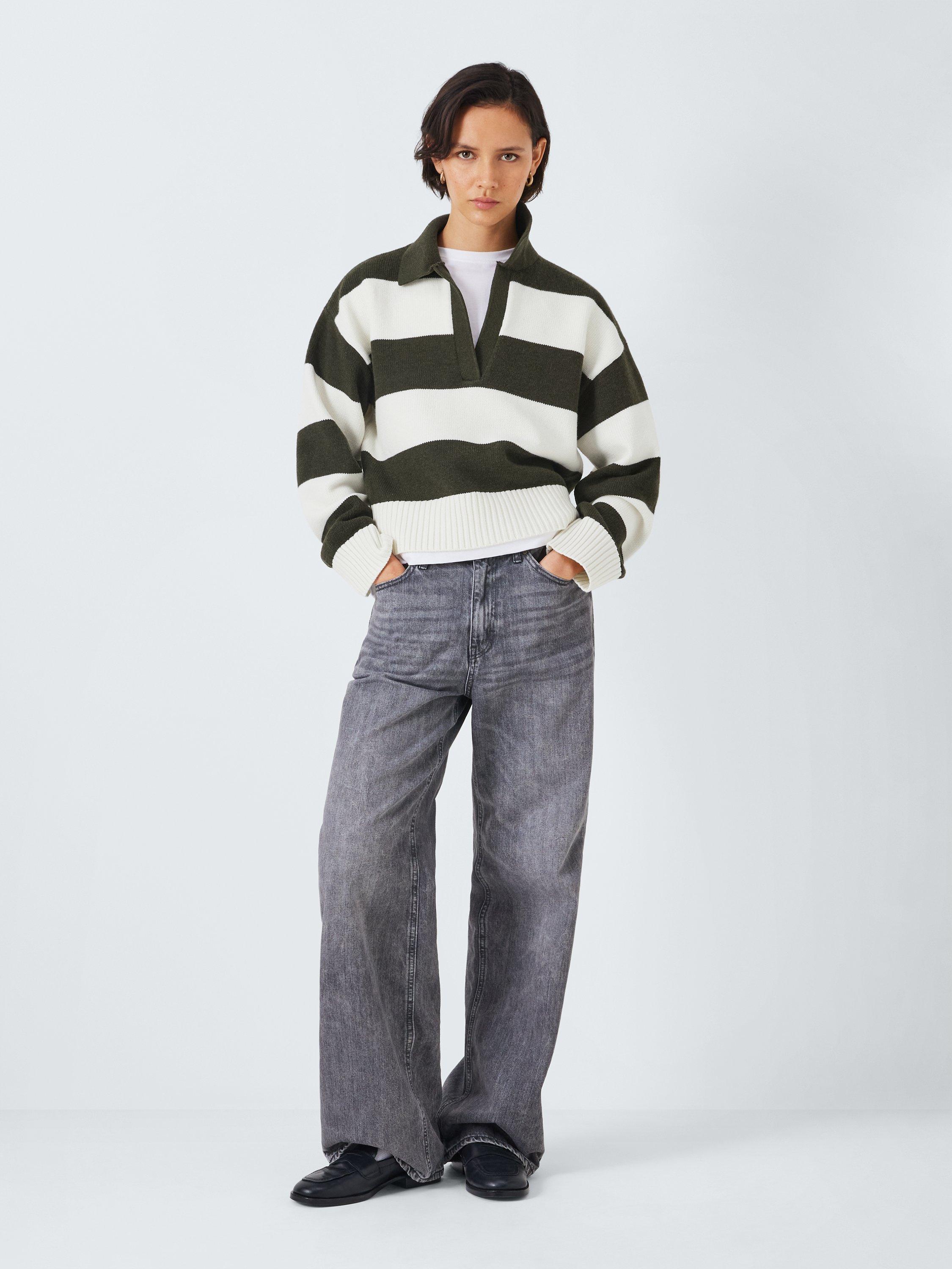 Product image 3 of 6, which shows John Lewis ANYDAY Stripe Knitted Rugby Jumper, Khaki Cream, XS