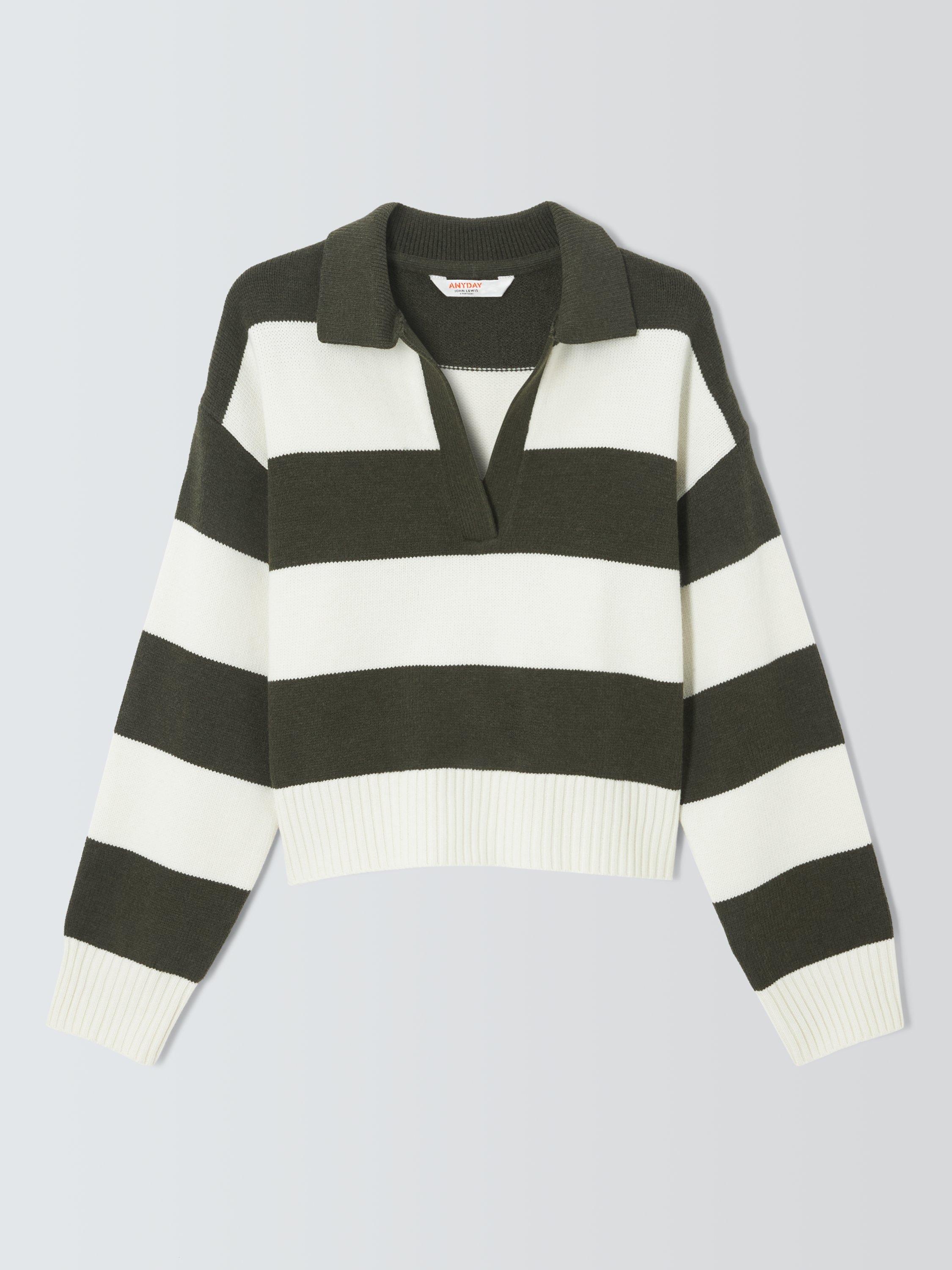 Product image 4 of 6, which shows John Lewis ANYDAY Stripe Knitted Rugby Jumper, Khaki Cream, XS
