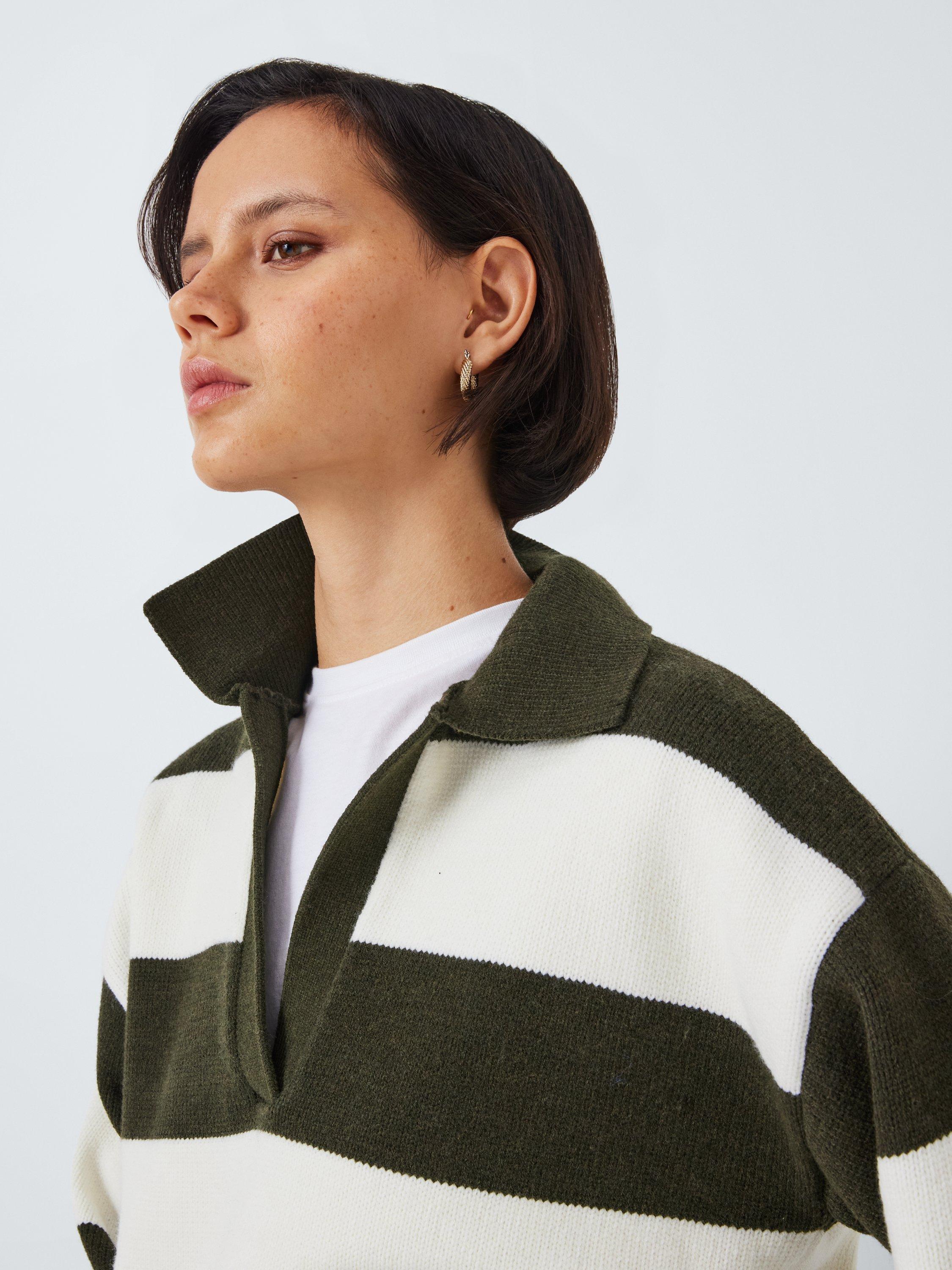 Product image 5 of 6, which shows John Lewis ANYDAY Stripe Knitted Rugby Jumper, Khaki Cream, XS