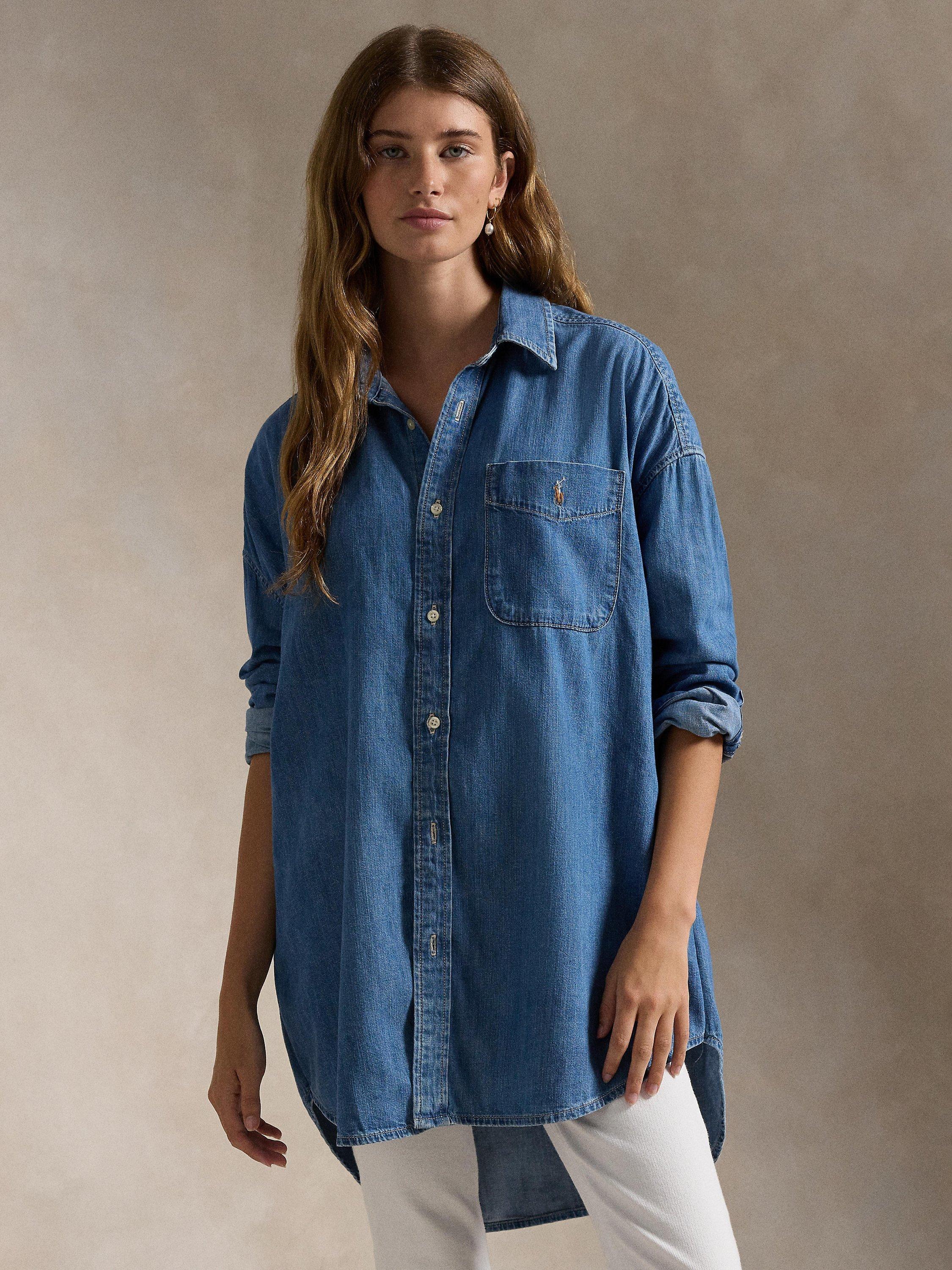 Product image 1 of 5, which shows Polo Ralph Lauren Twill Oversized Denim Shirt, Golfito Wash, XS