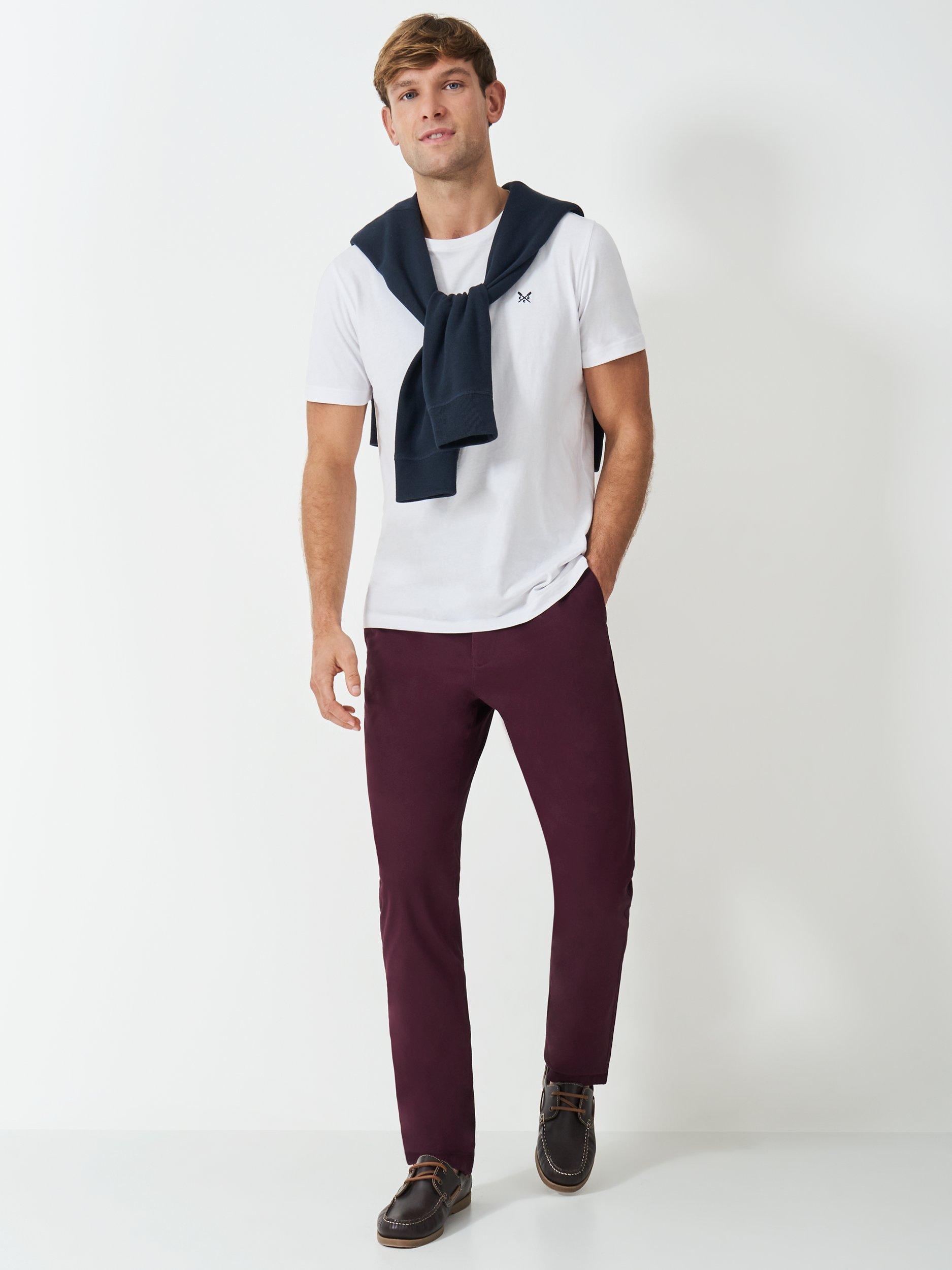 Product image 1 of 5, which shows Crew Clothing Straight Fit Chino Trousers, Burgundy, 32R