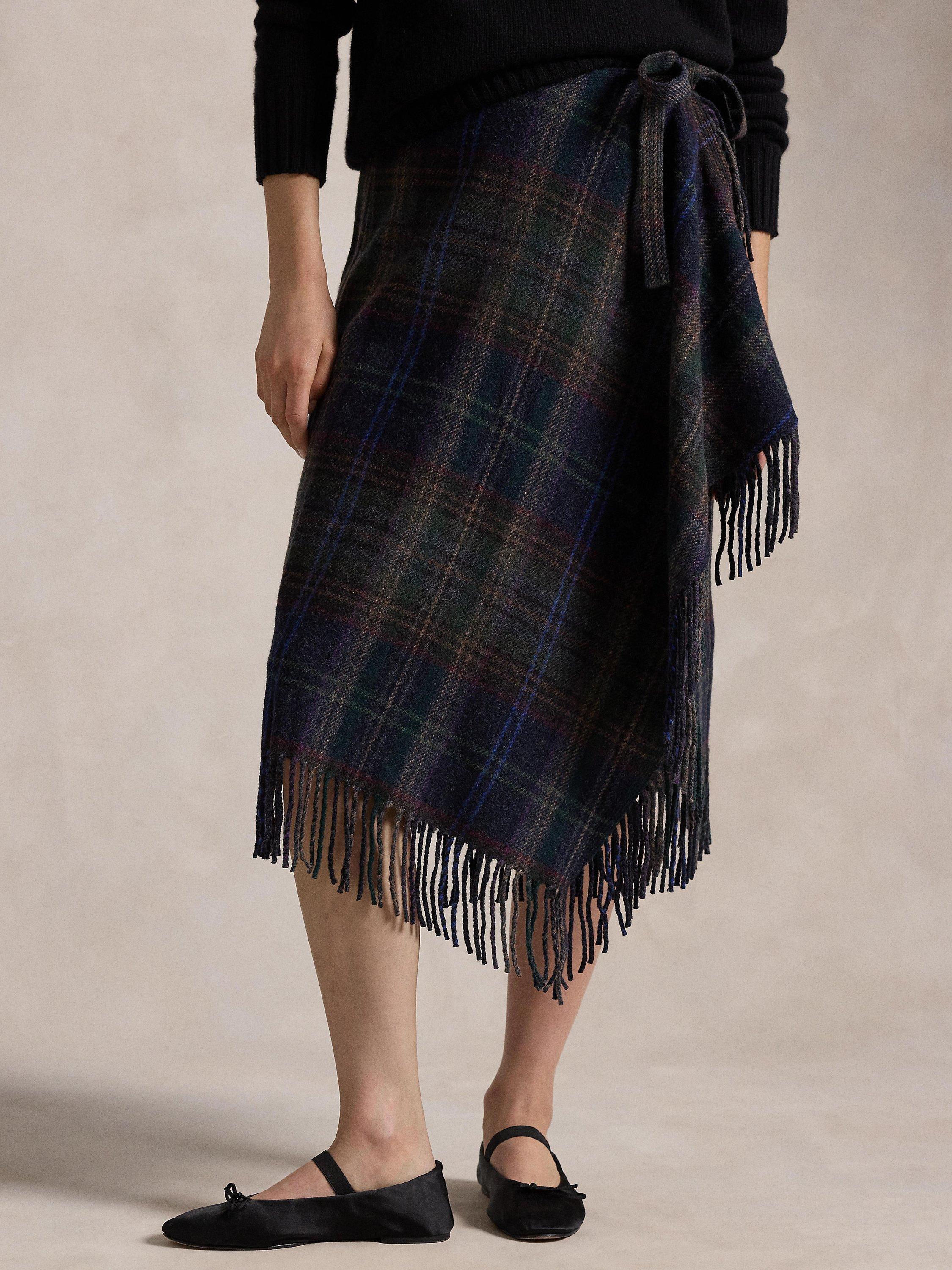 Polo Ralph Lauren Leonna Fringe Trim Plaid Wrap Midi Skirt Multi