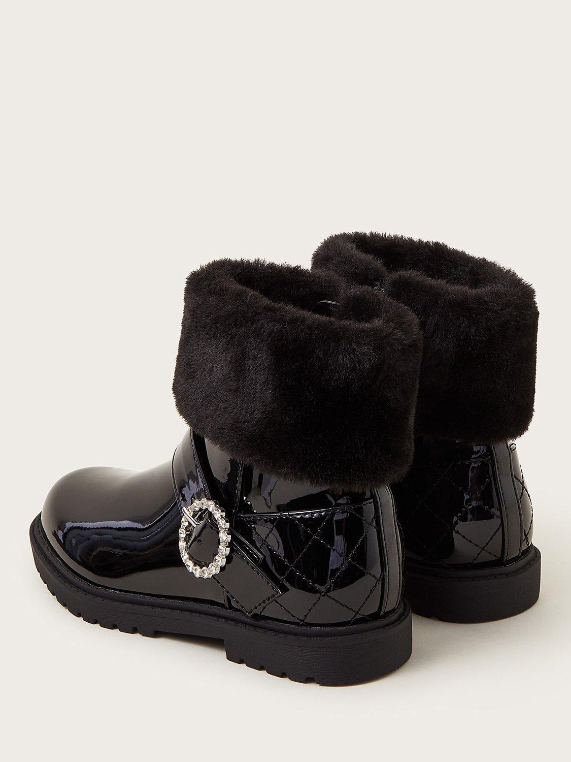 Monsoon Kid s Patent Faux Fur Boots Black