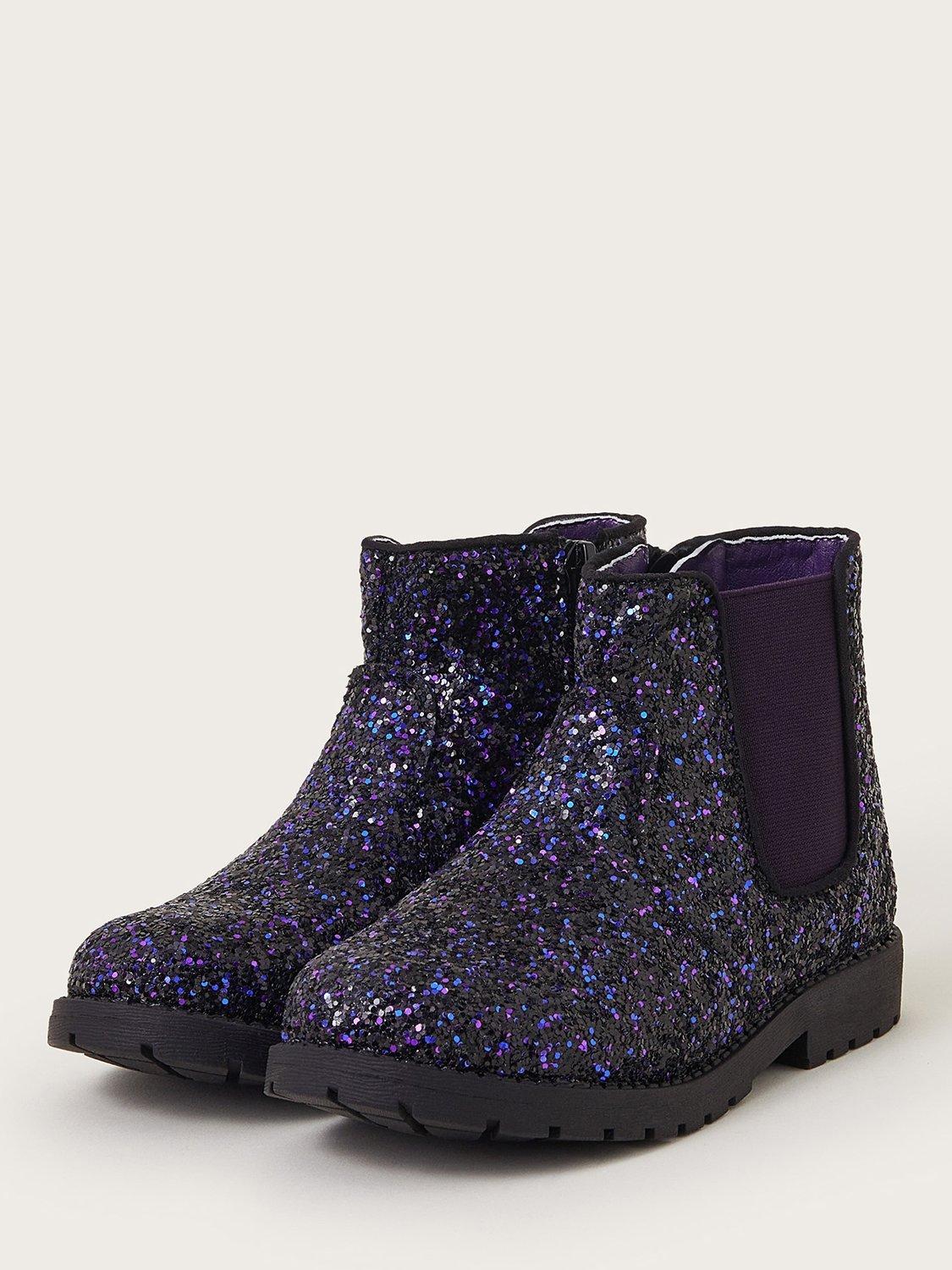 Product image 2 of 3, which shows Monsoon Kids' Glitter Chelsea Boots, Purple, 2
