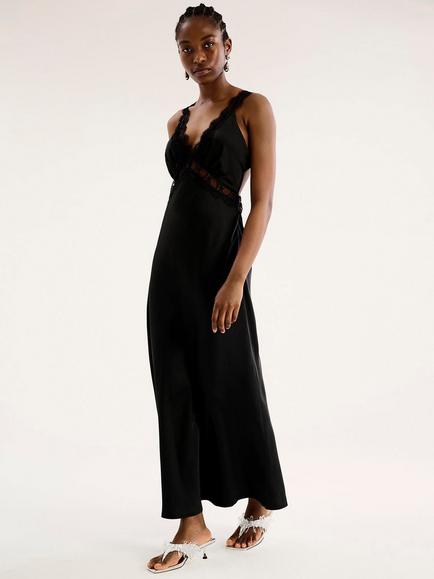 OMNES Aurelia Satin Lace Trim Dress - view 2, Black