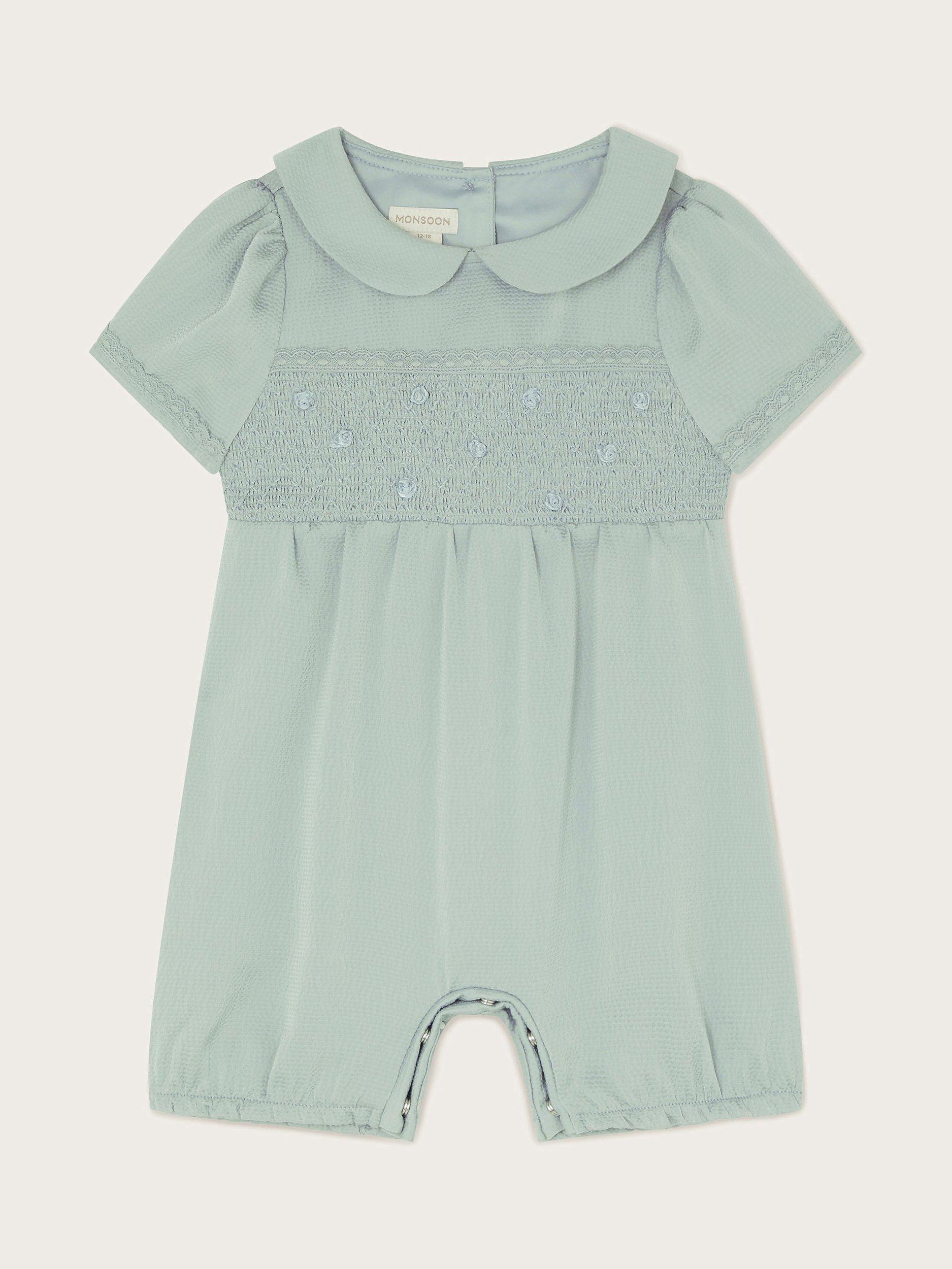 Product image 1 of 3, which shows Monsoon Baby Embroidered Short Sleeve Playsuit, Sage, 2-3 years