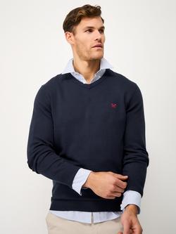 Crew Clothing Plain Organic Cotton V-Neck Jumper, Midnight Blue