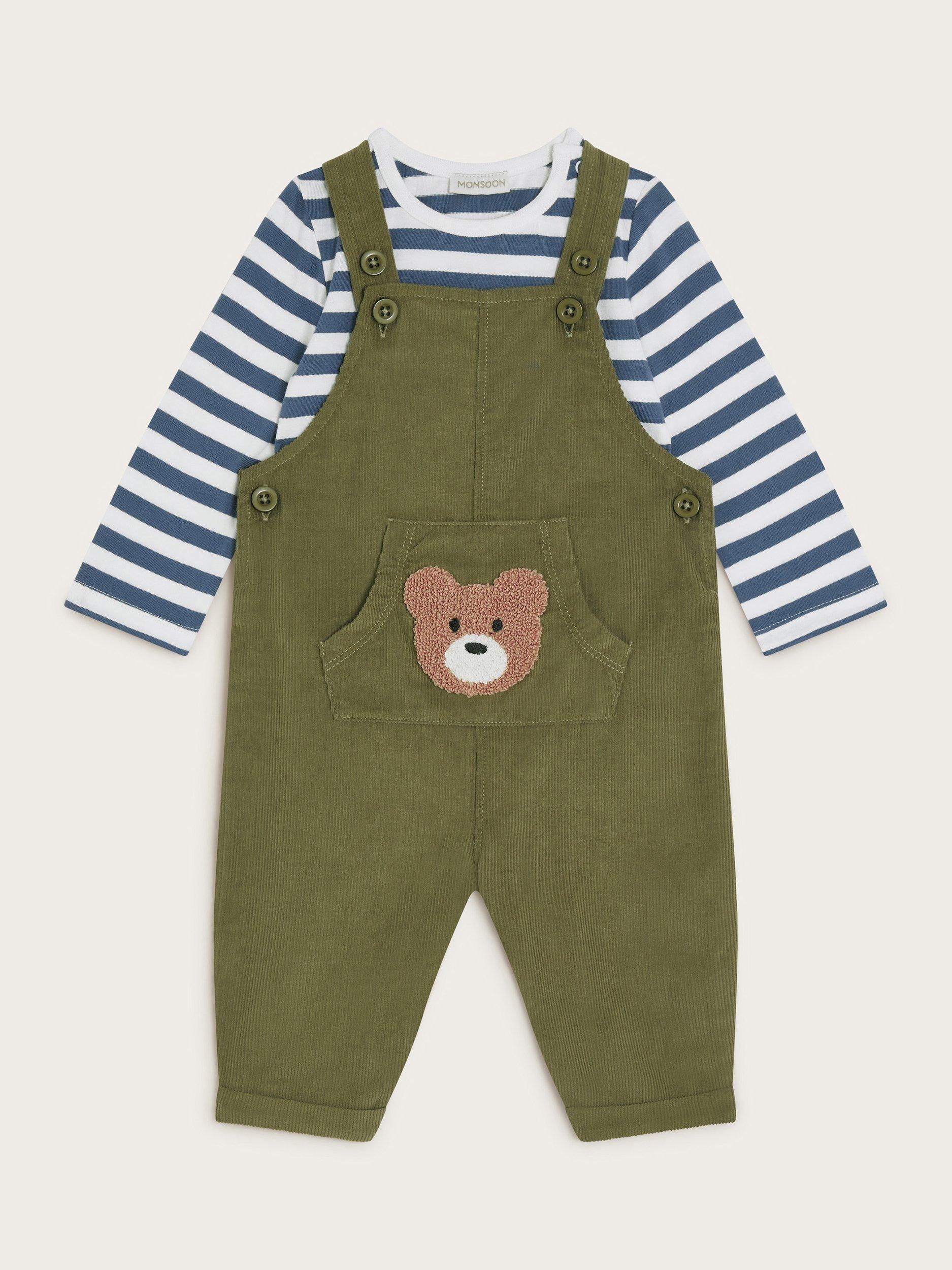 Monsoon Baby Bear Dungarees Set, Khaki