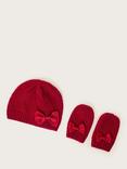 Monsoon Baby Bow Beanie Hat & Mittens Set, Red