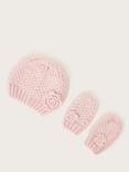 Monsoon Baby Flower Beanie Hat & Mittens Set, Pink