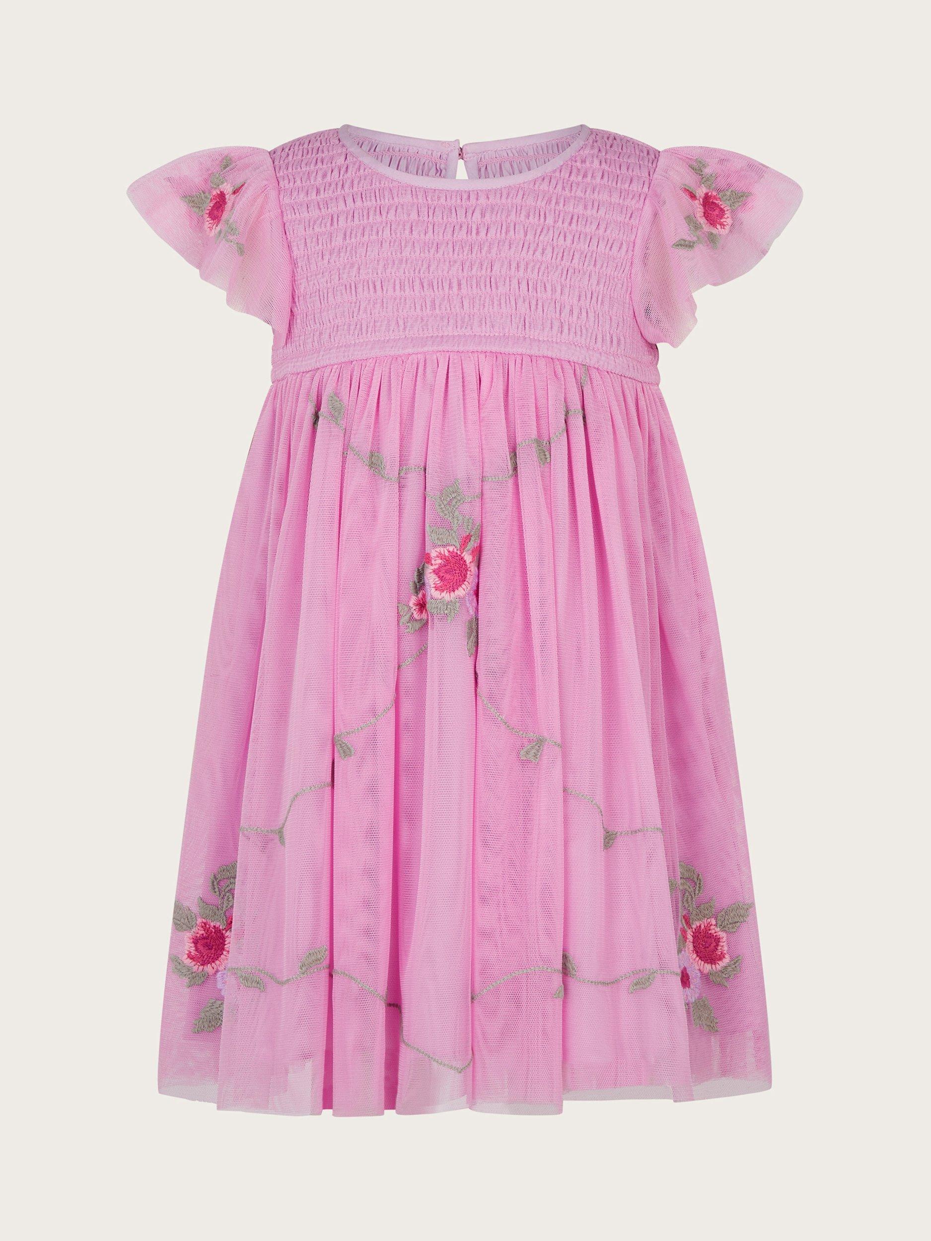Monsoon Baby April Shirred Embroidered Dress, Pink