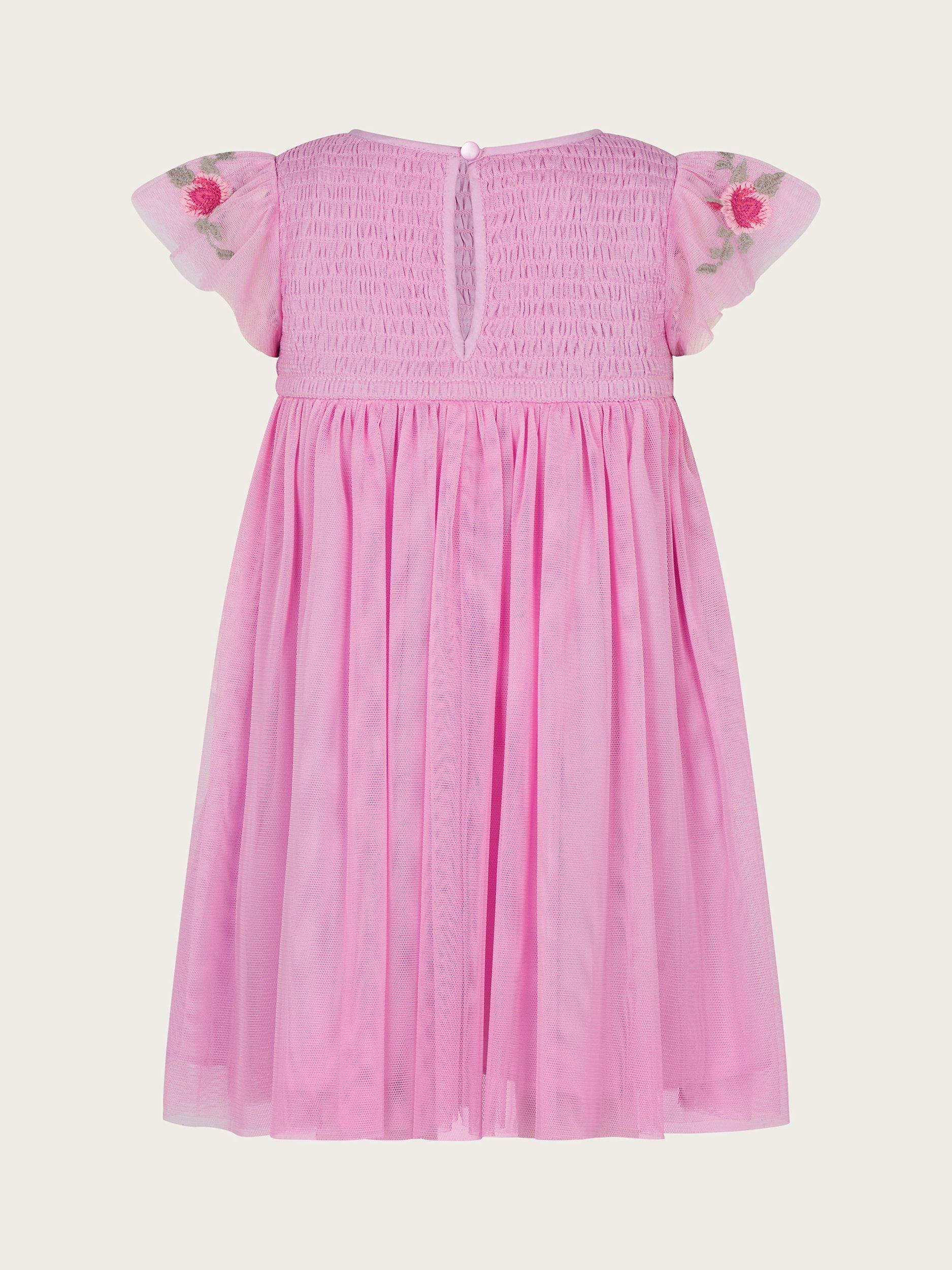 Monsoon Baby April Shirred Embroidered Dress Pink