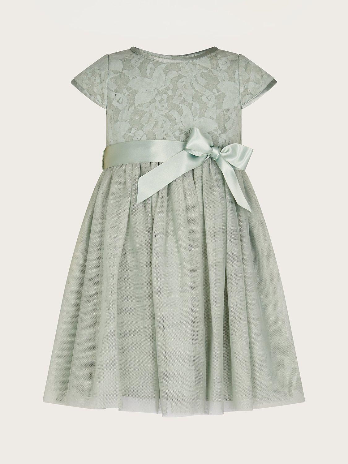 Product image 1 of 3, which shows Monsoon Baby Lace Midi Party Dress, Sage, 0-3 months
