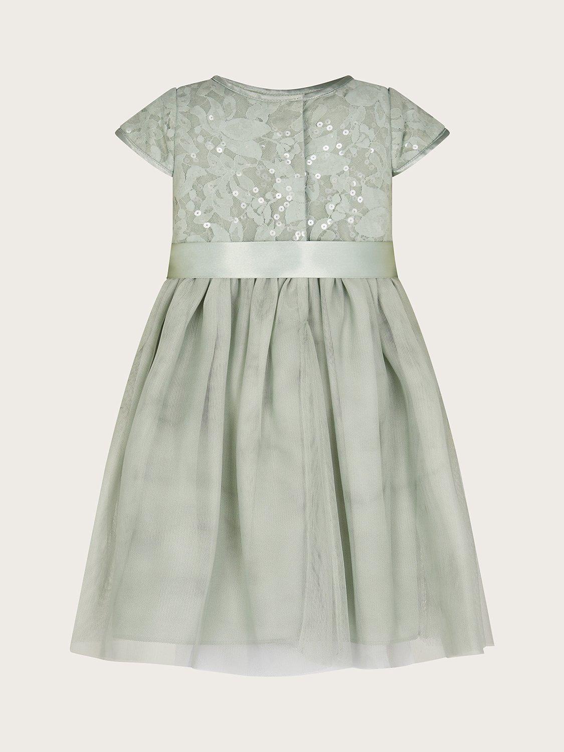Product image 2 of 3, which shows Monsoon Baby Lace Midi Party Dress, Sage, 0-3 months