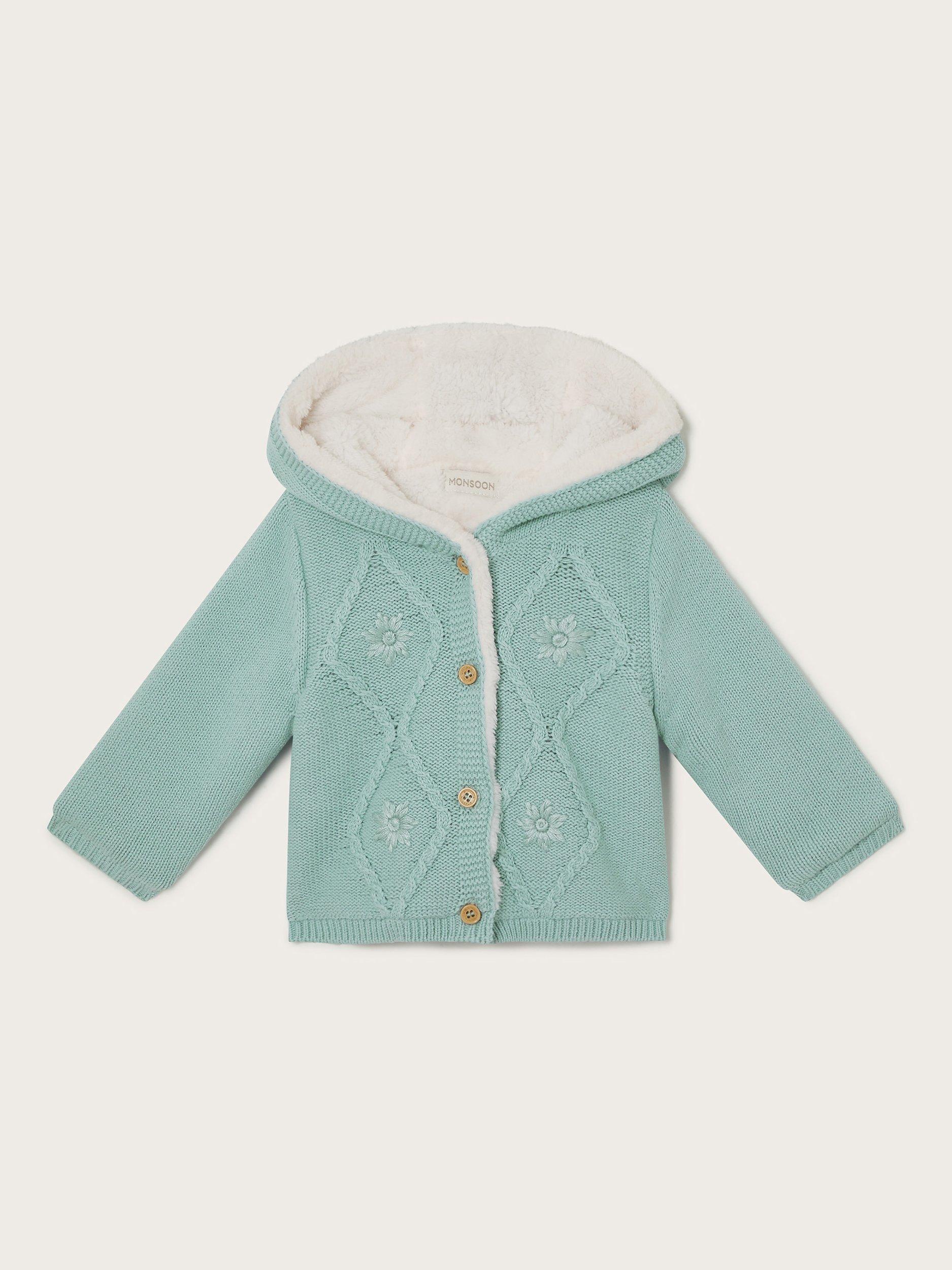 Monsoon Baby Borg Embroidered Hooded Cardigan, Aqua