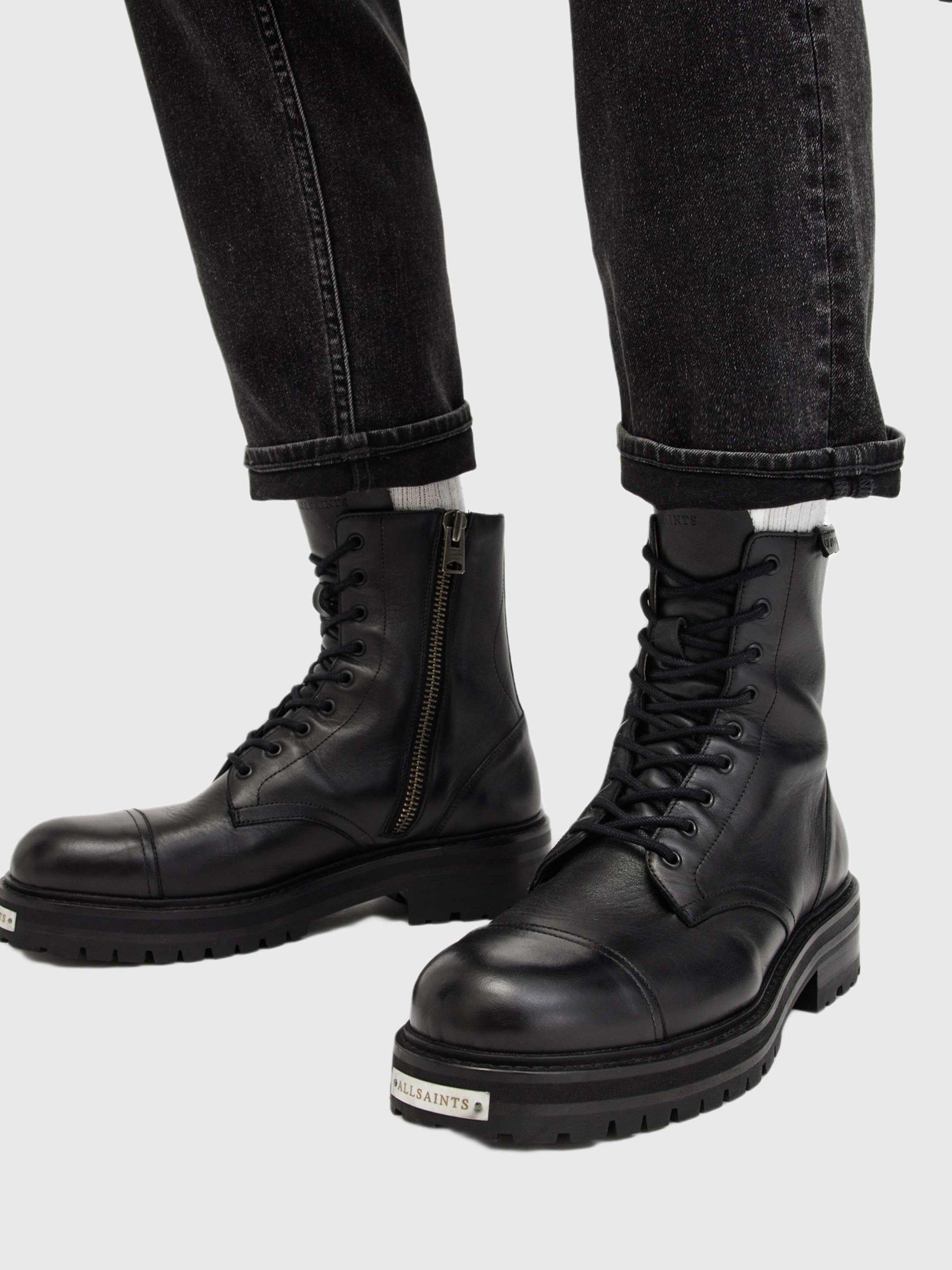 Product image 2 of 5, which shows AllSaints Hank Leather Biker Boots, Black Black, EU44