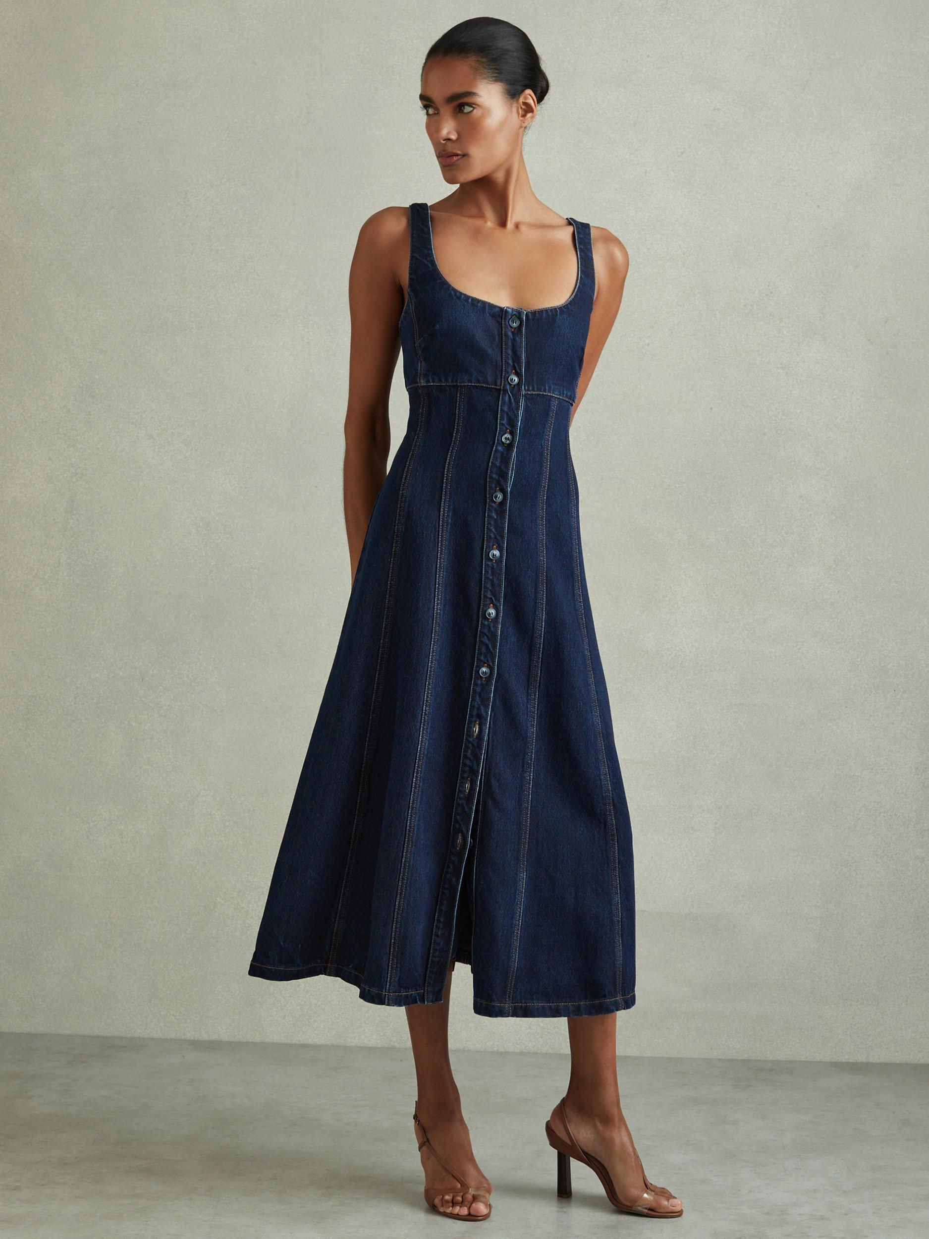 Product image 1 of 4, which shows Reiss Lyle Denim Midi Dress, Dark Blue, 16