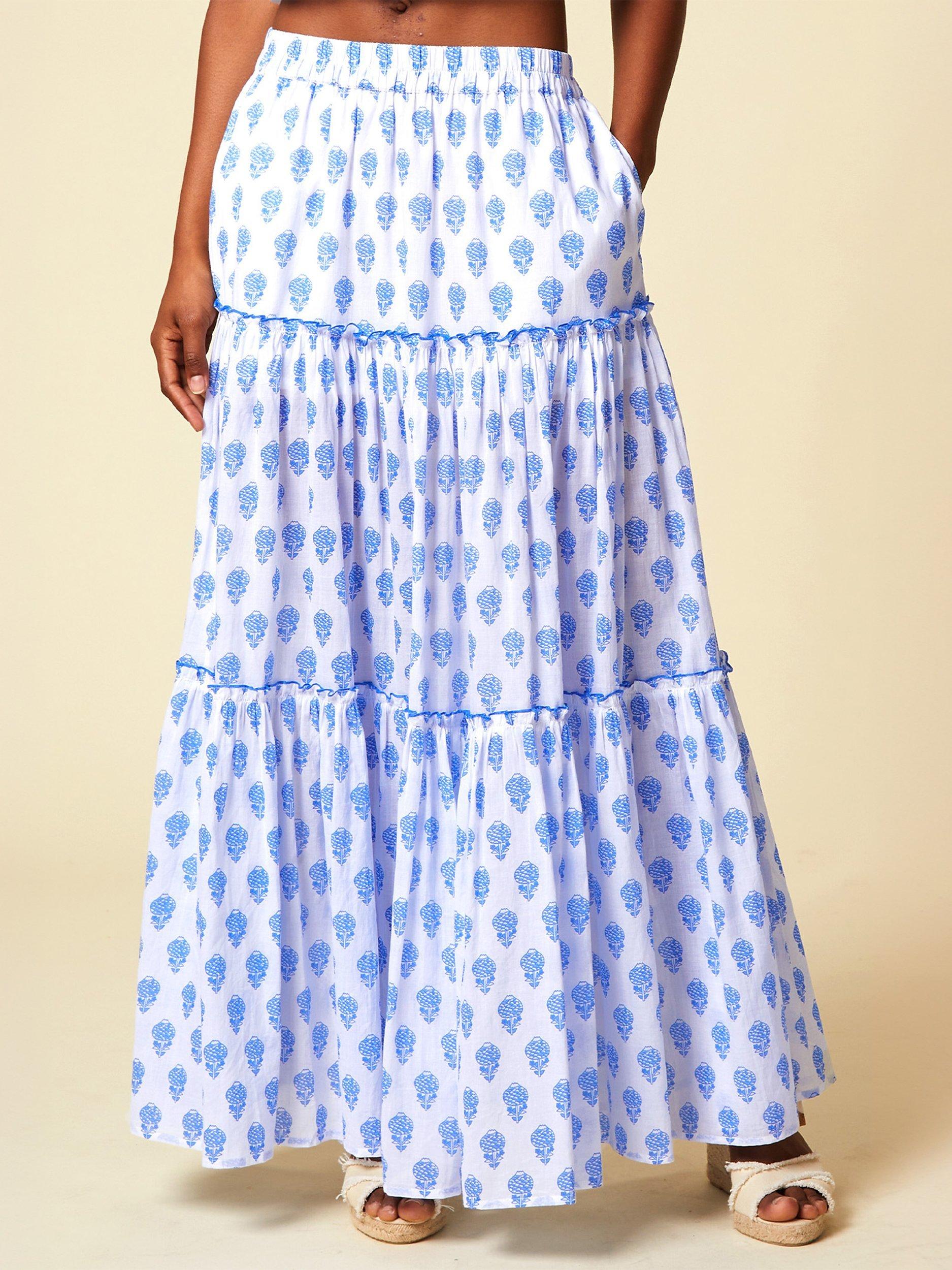 Aspiga Bea Organic Cotton Tiered Maxi Skirt, White/Blue