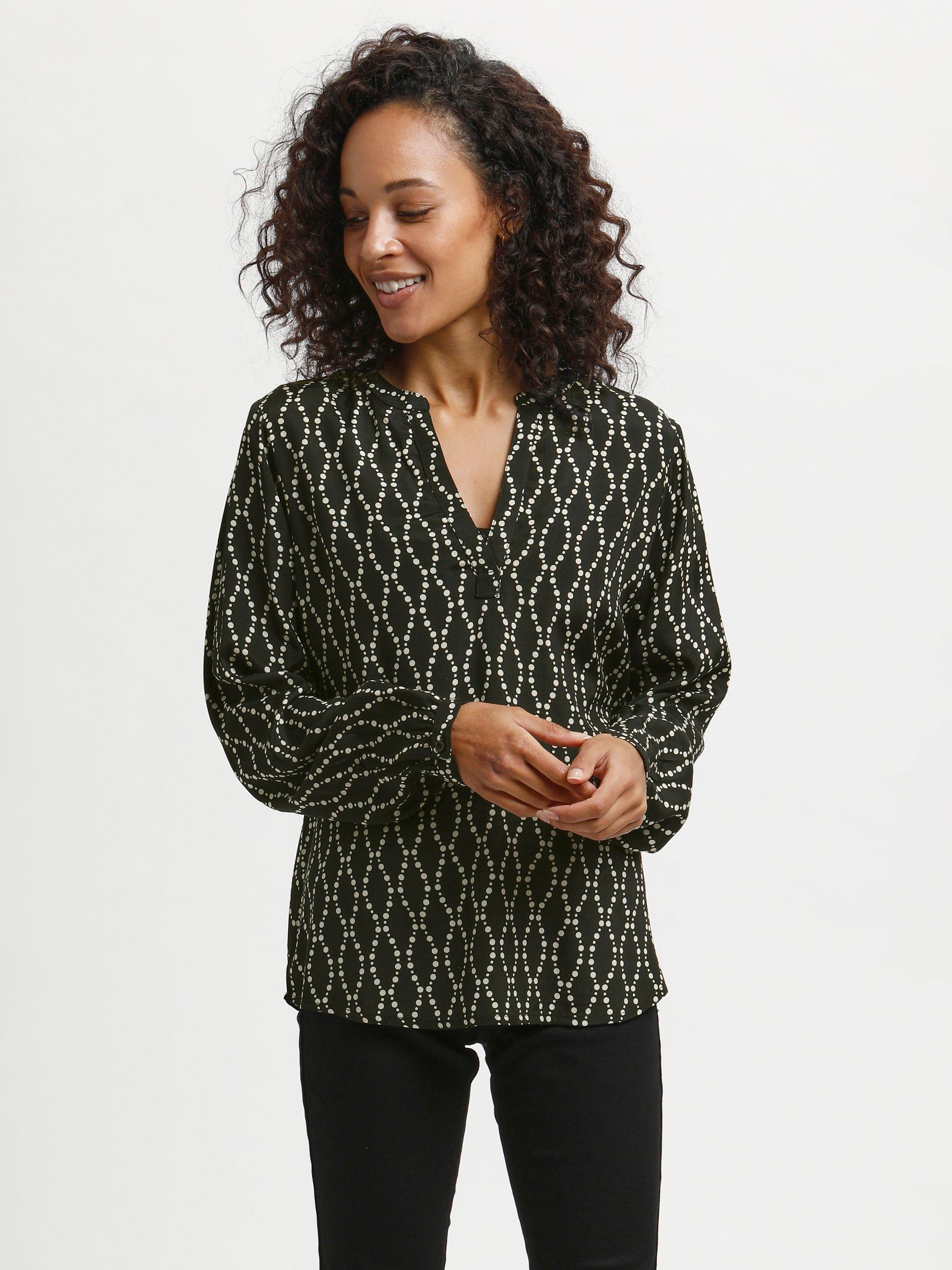 Product image 3 of 6, which shows KAFFE Olan Geometric Print Top, Black/Sand, 8