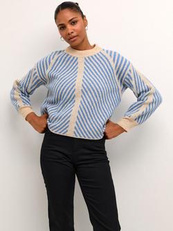KAFFE Vera Chevron Stripe Wool Blend Jumper, Beige/Cornflower, Beige/Cornflower