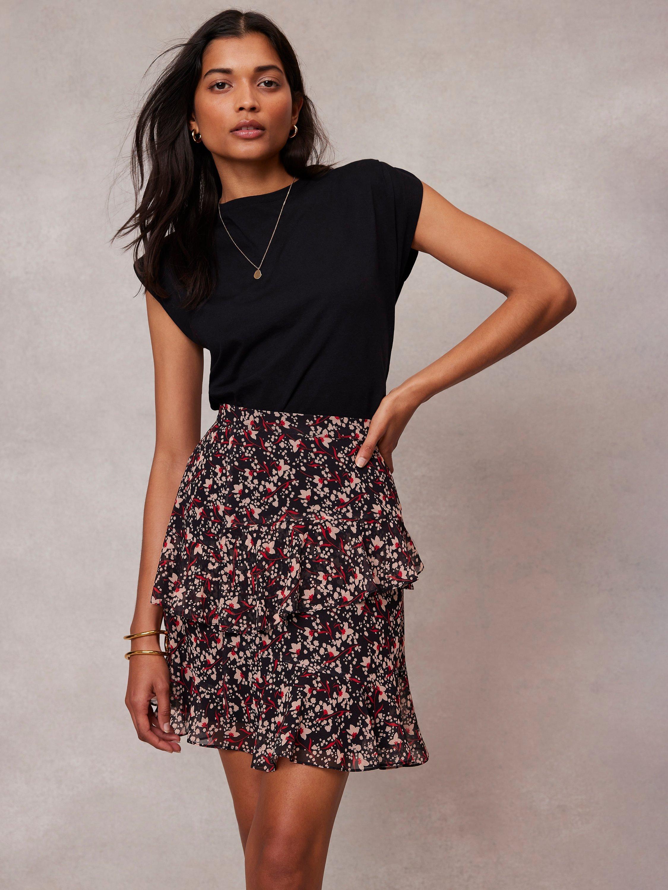 Mint Velvet Floral Ruffle Mini Skirt Black Multi