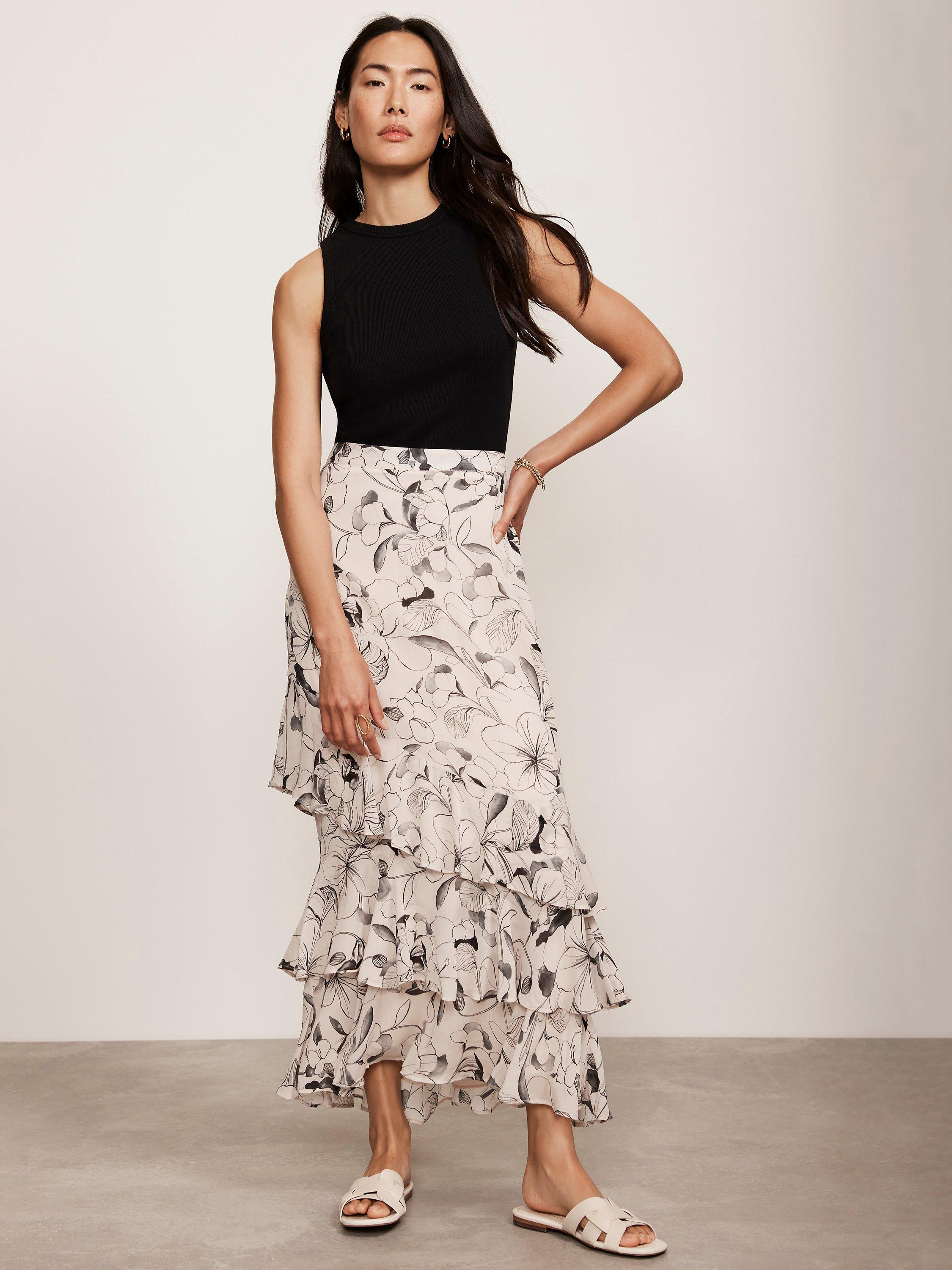 Black and white floral ruffle skirt best sale