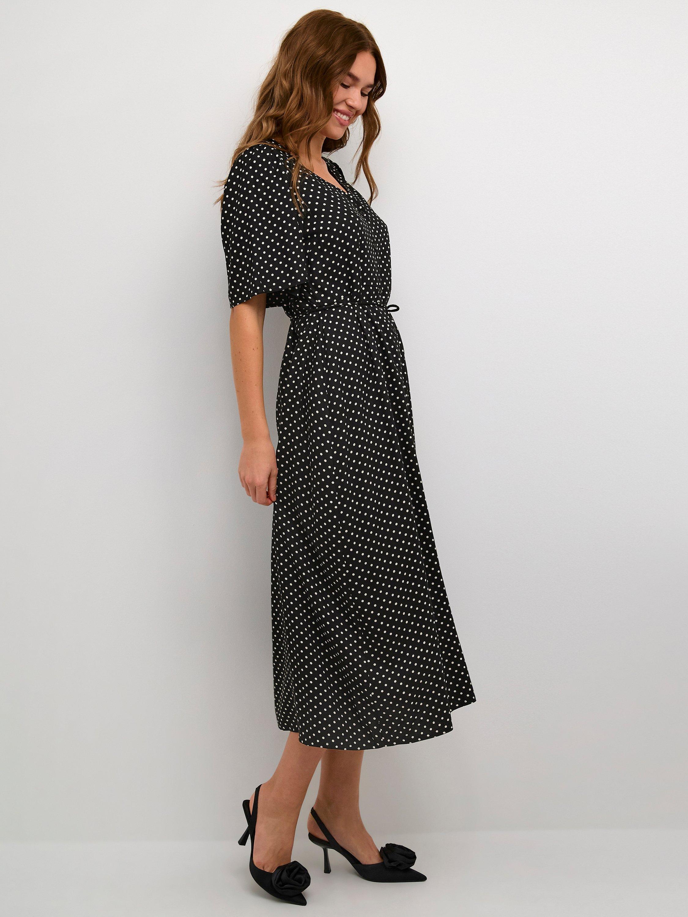 KAFFE KAthora Polka Dot Midi Dress, Black/Chalk Dot