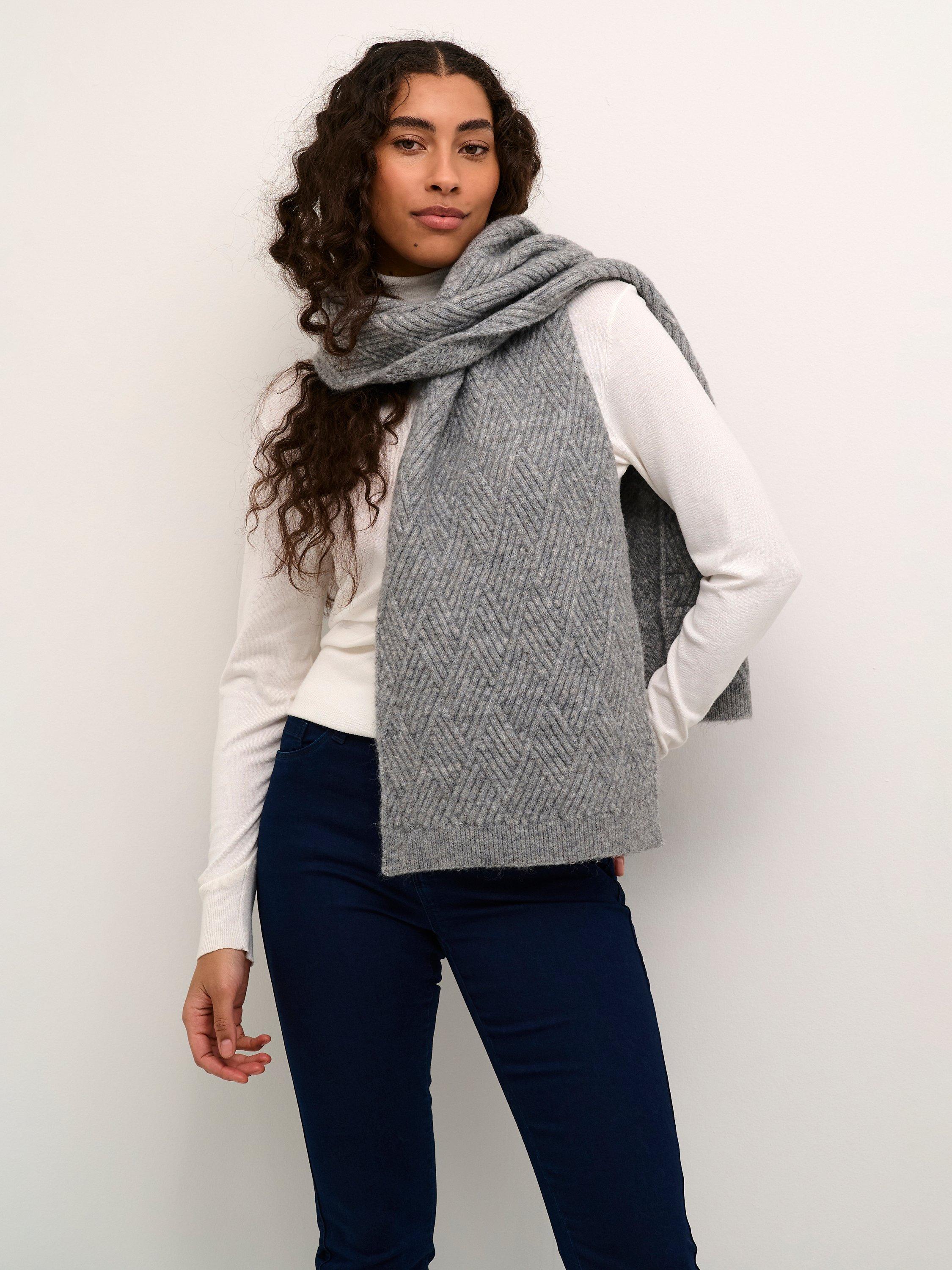 Product image 1 of 3, which shows KAFFE Getty Cable Knit Wool Blend Scarf, Grey Melange