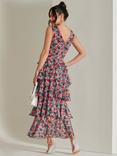 Jolie Moi Floral Layered Hem Mesh Maxi Dress, Pink/Multi