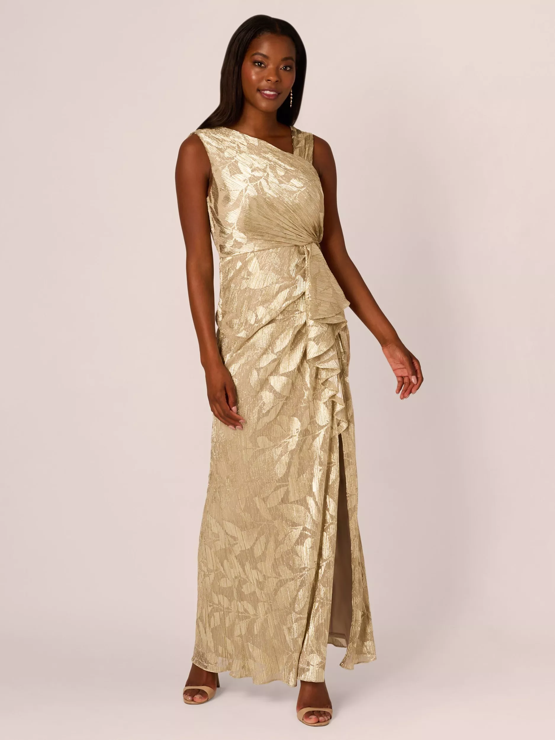 Adrianna Papell Foil Asymmetric Maxi Dress Champagne Gold