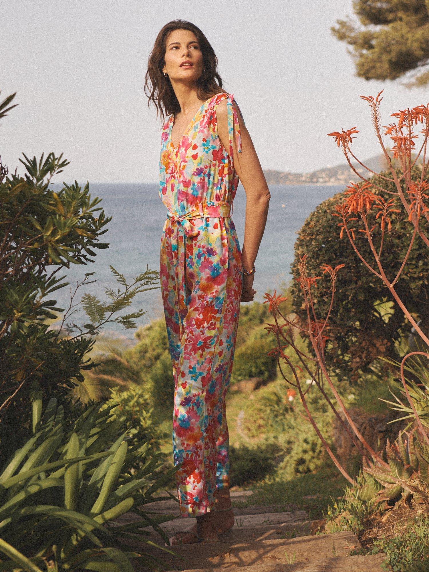Product image 3 of 8, which shows NRBY Celia Watercolour Floral Silk Jumpsuit, Multi, M