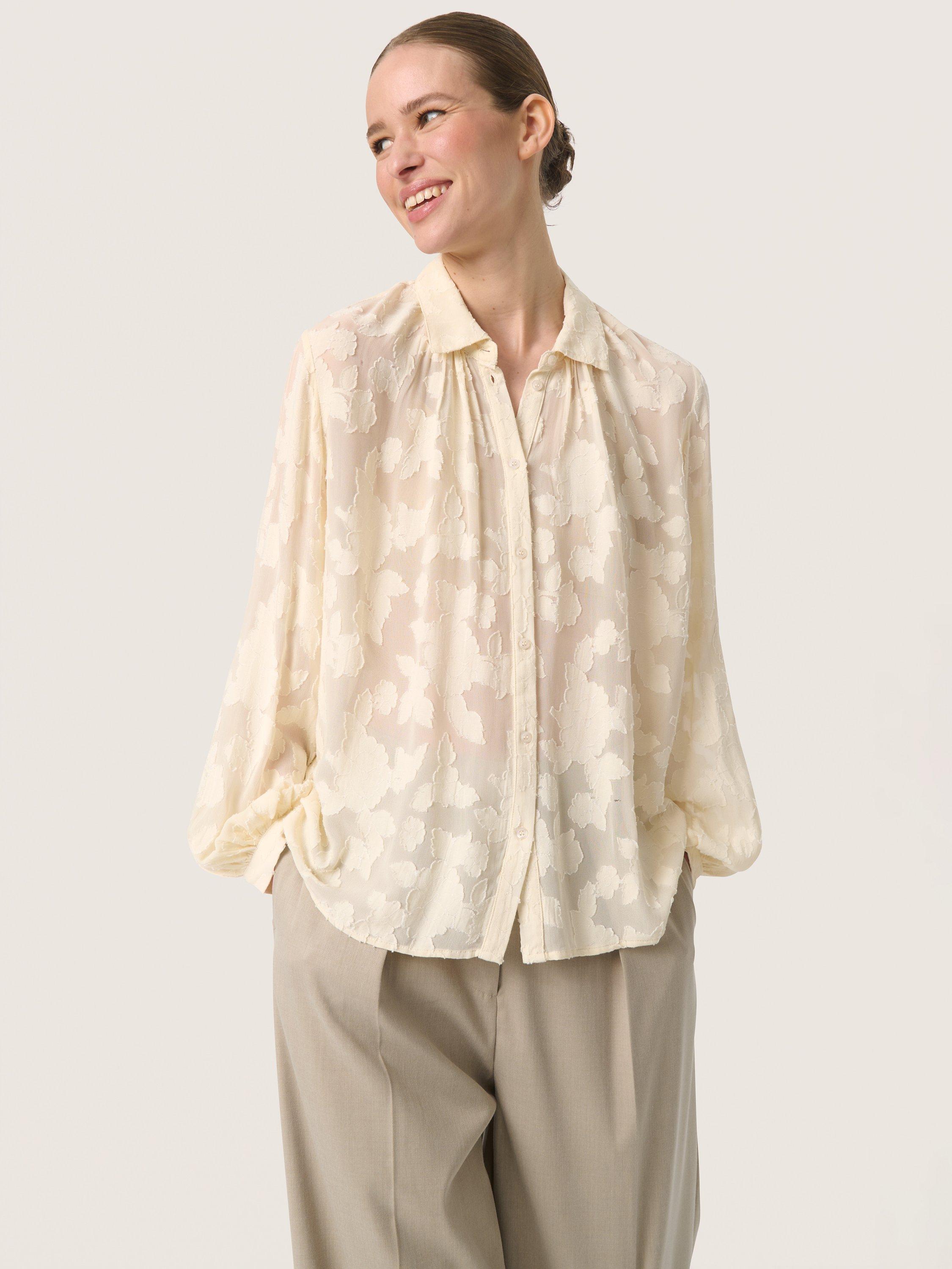 Product image 1 of 5, which shows Soaked In Luxury Felisia Floral Jacquard Chiffon Top, Sandshell, XS