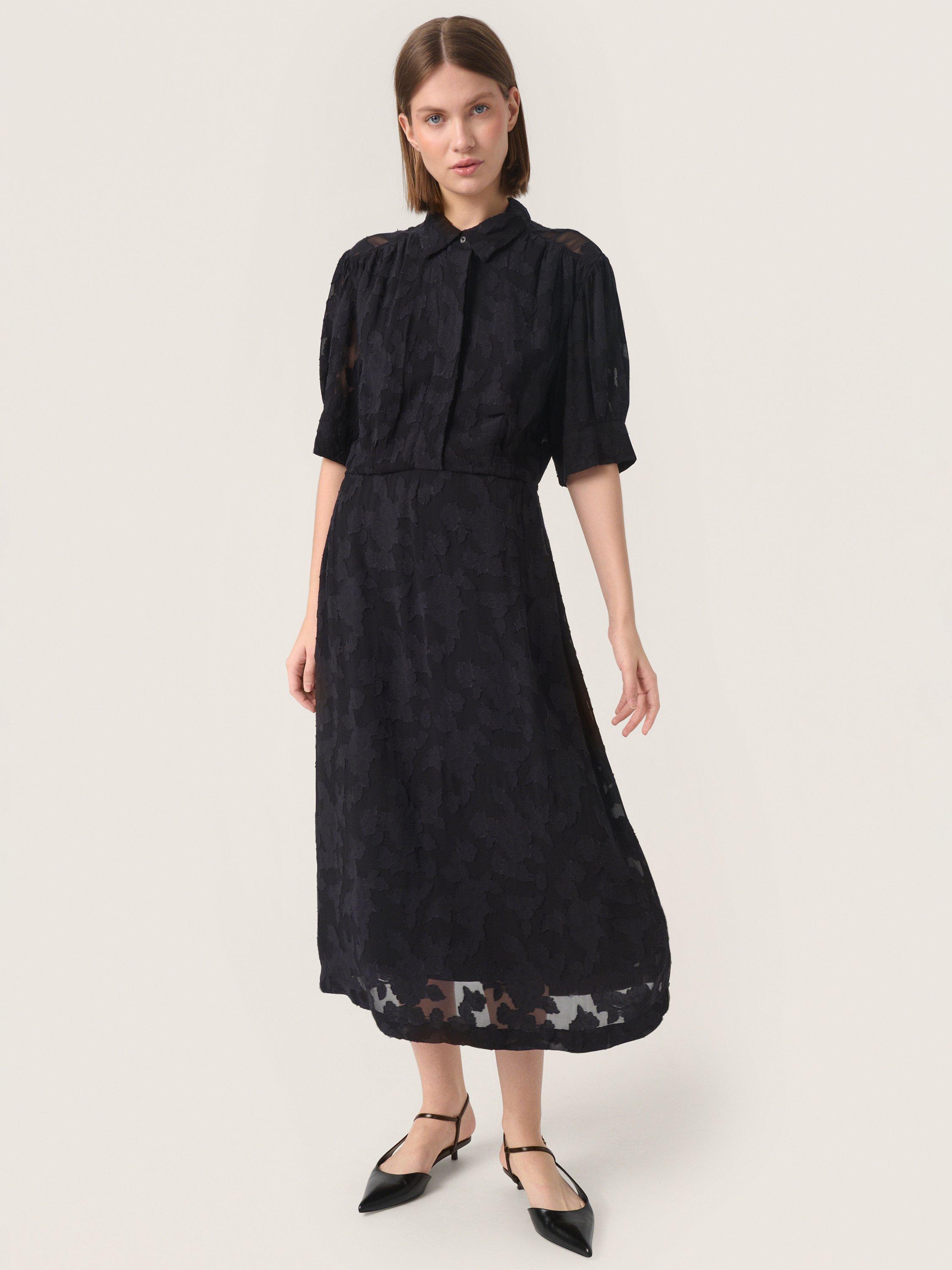 Product image 1 of 5, which shows Soaked In Luxury Felisia Sheer Floral Jacquard Dress, Black, XS