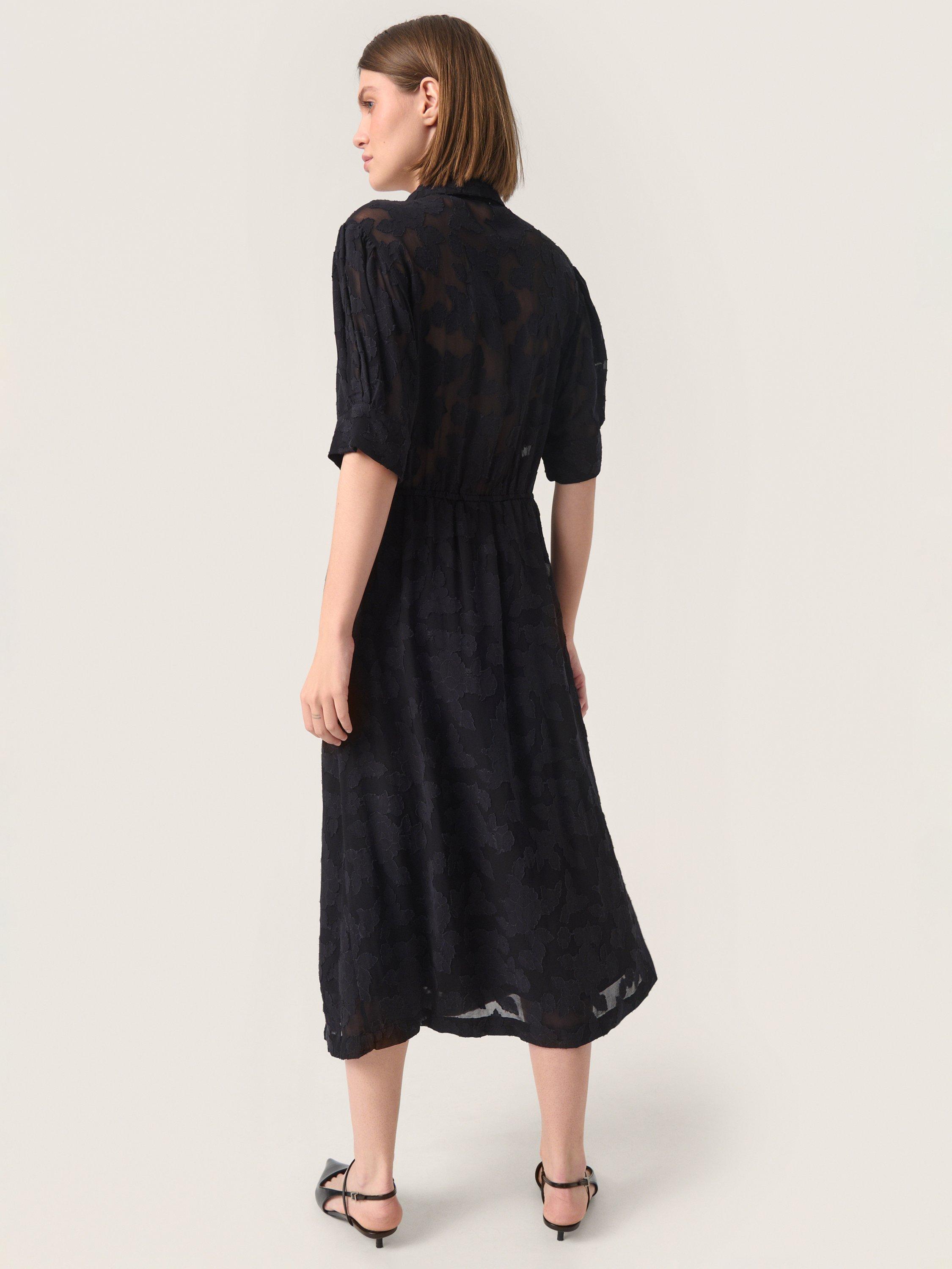 Product image 2 of 5, which shows Soaked In Luxury Felisia Sheer Floral Jacquard Dress, Black, XS