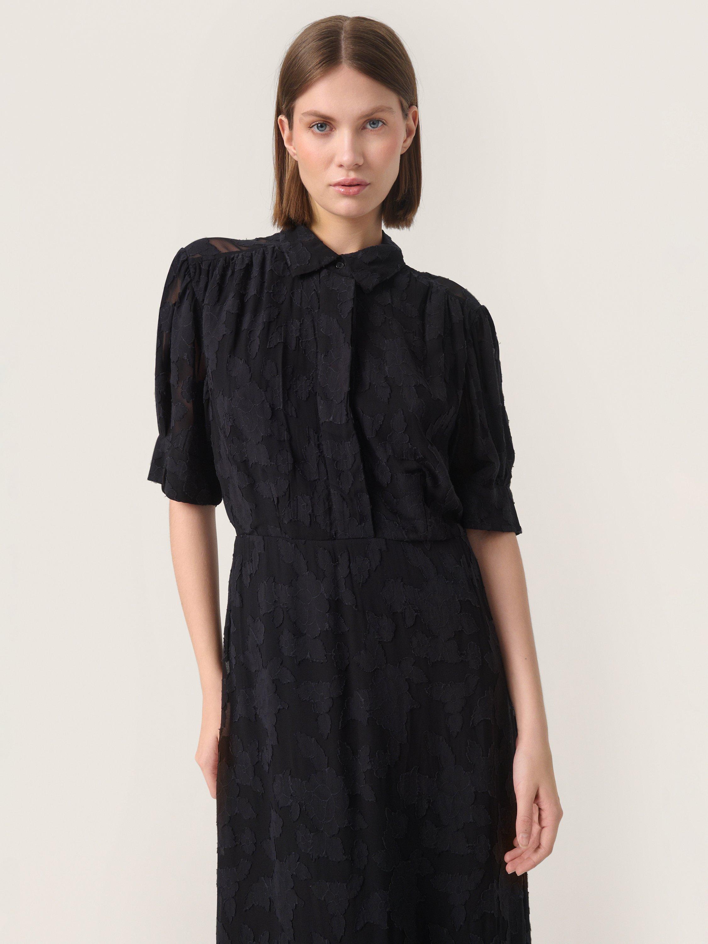 Product image 3 of 5, which shows Soaked In Luxury Felisia Sheer Floral Jacquard Dress, Black, XS