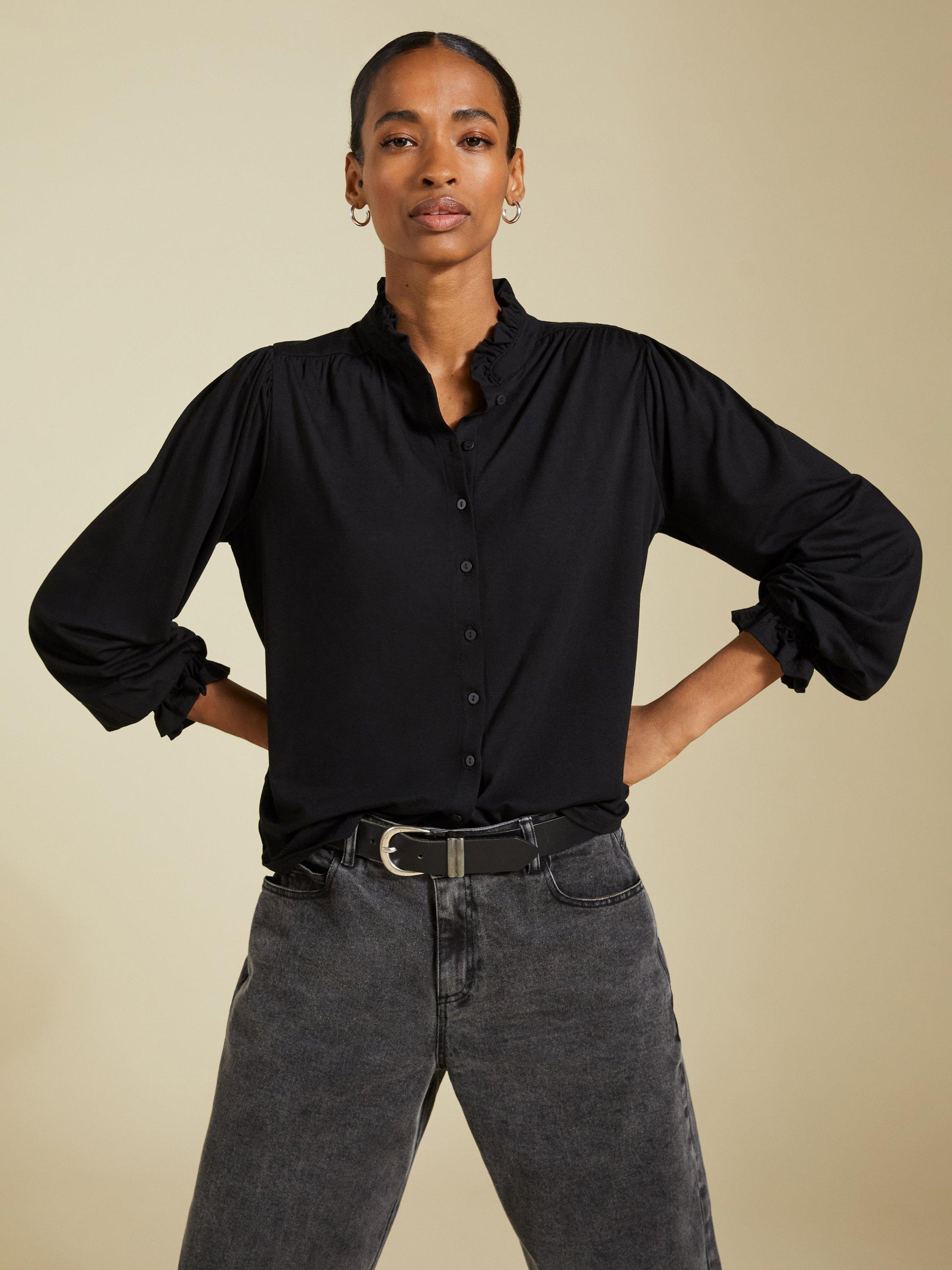 Product image 1 of 5, which shows Baukjen Sima Frill Detail Blouse, Caviar Black, 6