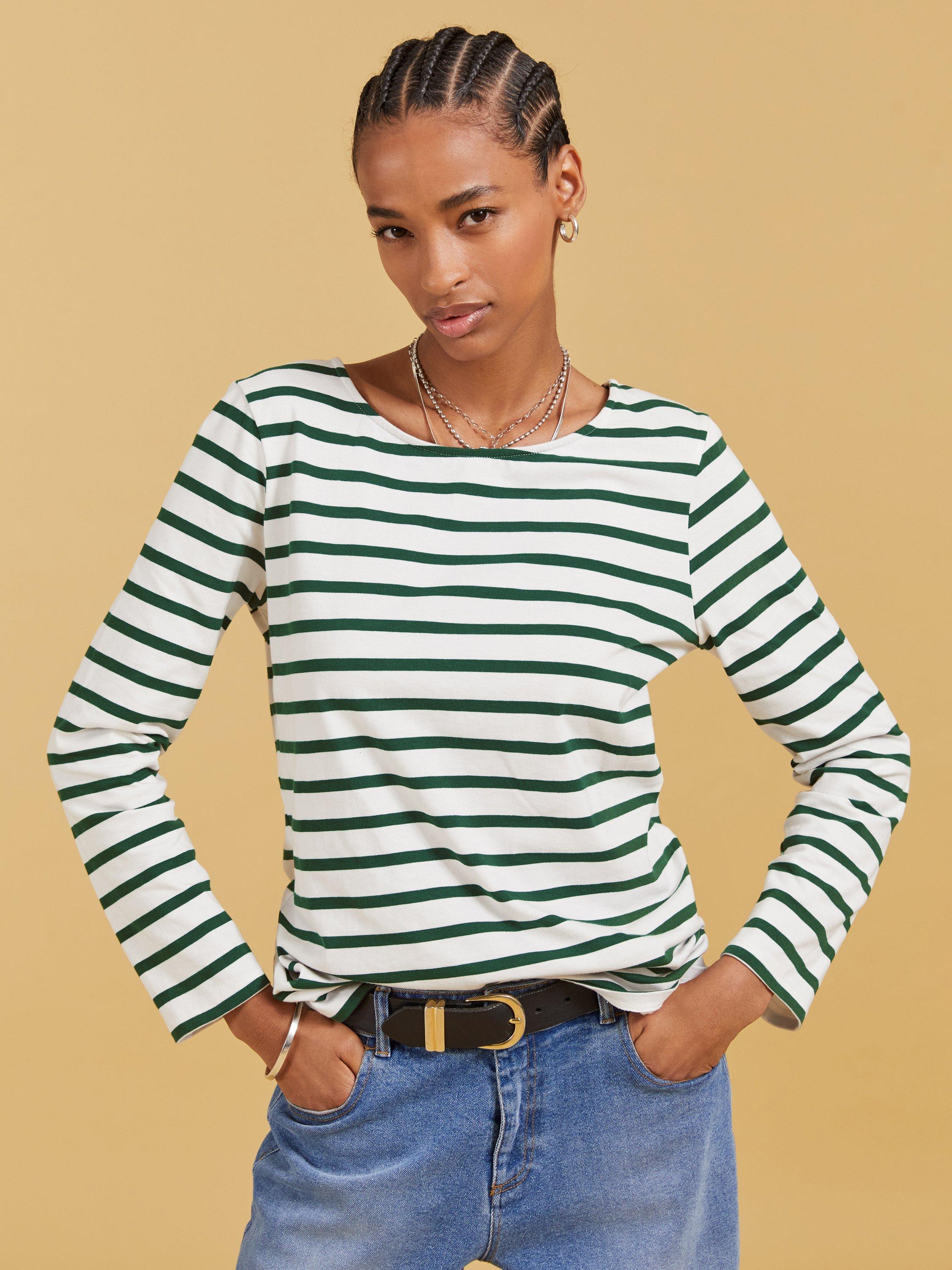 Product image 1 of 4, which shows Baukjen Ashley Breton Stripe Organic Cotton Top, White/Green, 6