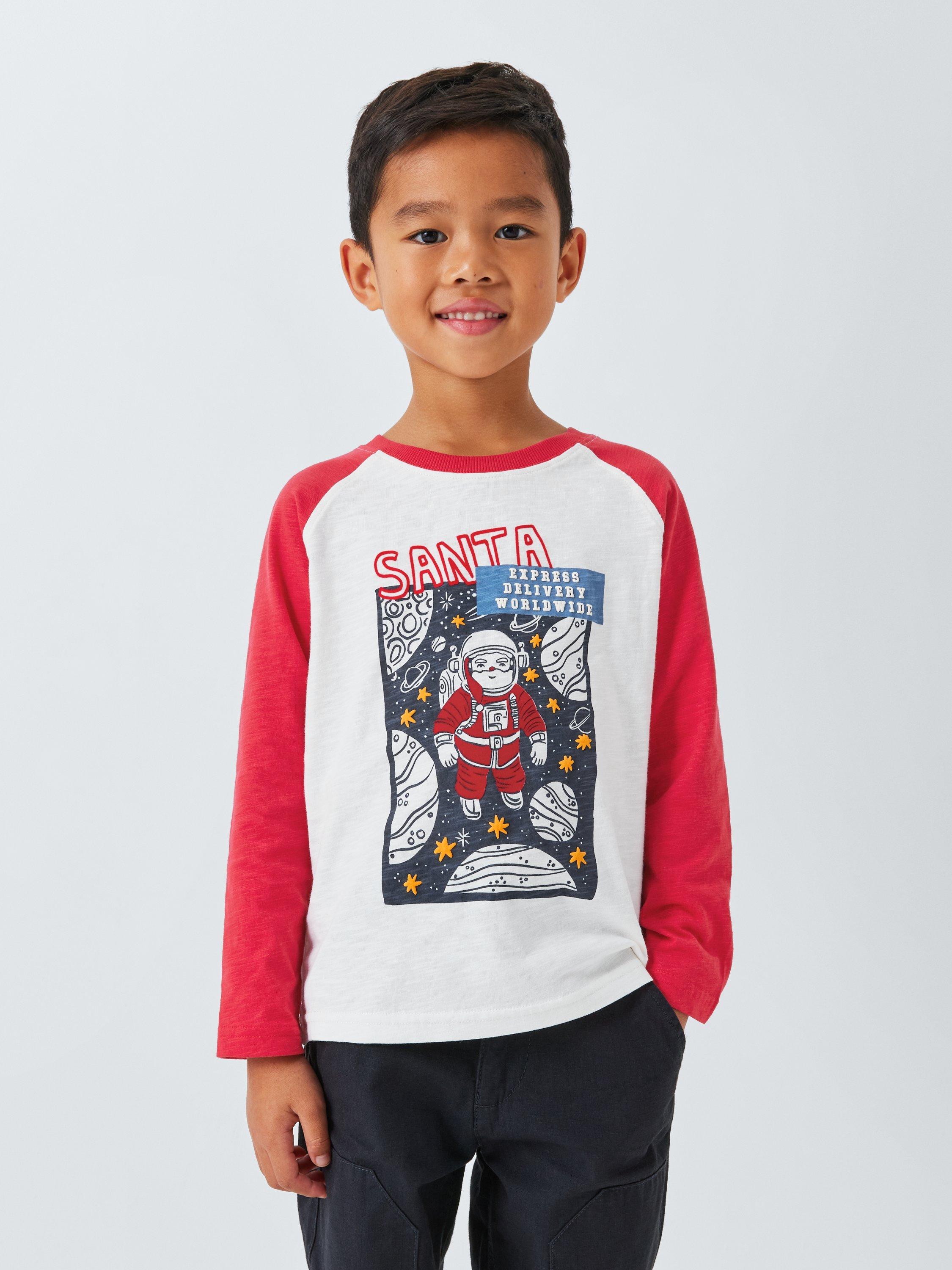 Product image 1 of 7, which shows John Lewis Kids' Christmas Santa Space Top, Red, 2 years