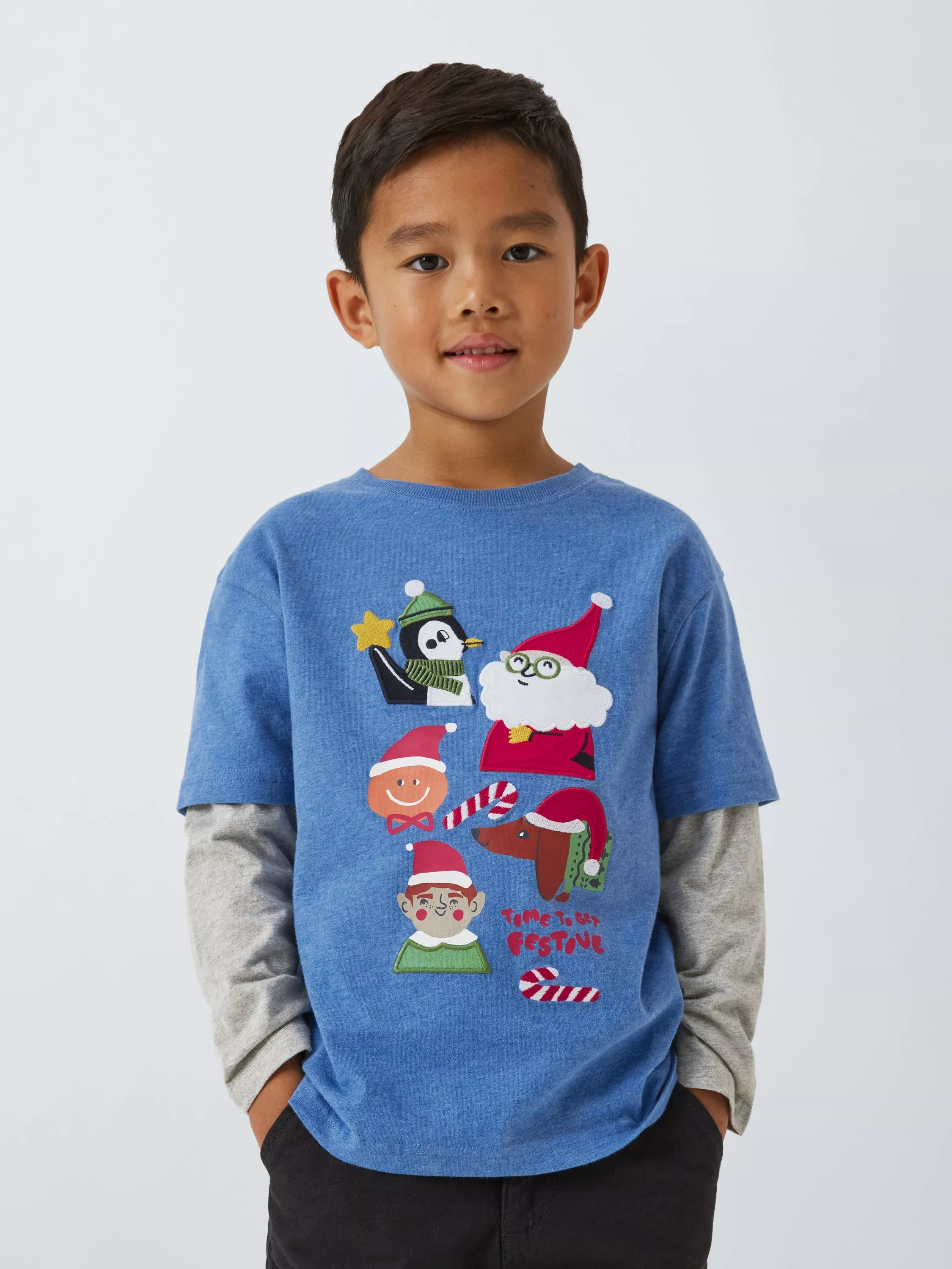 John Lewis Kids' Festive Friends Mock Sleeve Top, Blue