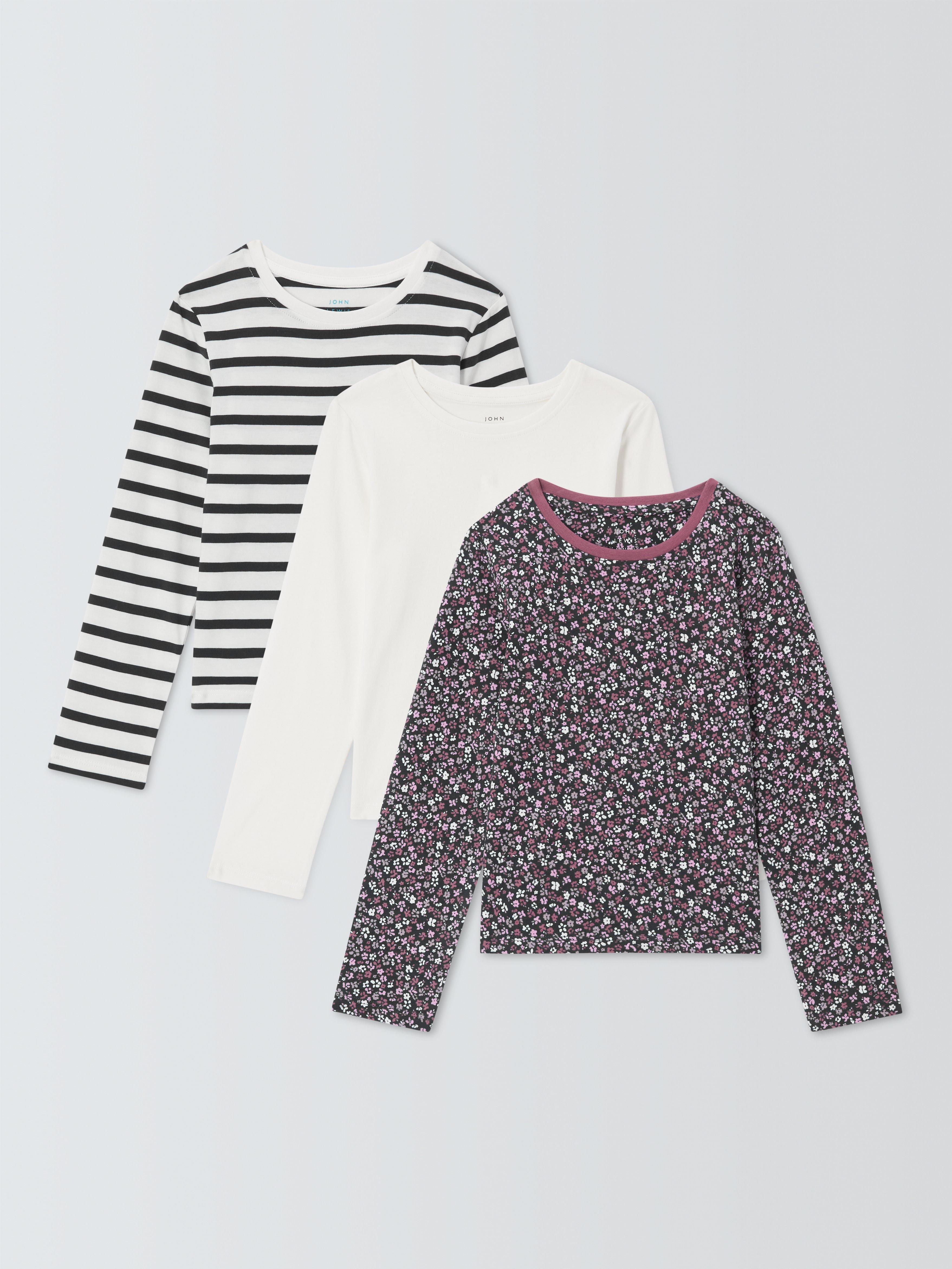 John Lewis Kids Stripe Plain Floral Long Sleeve Tops Pack of 3 Multi