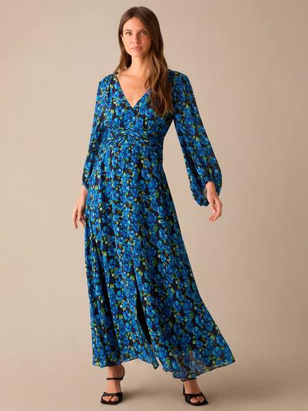 Ro&Zo Petite Floral Print Ruched Waist Dress, Blue/Multi, Blue/Multi