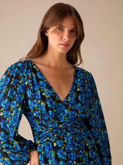 Ro&Zo Petite Floral Print Ruched Waist Dress, Blue/Multi - view 2, Blue/Multi