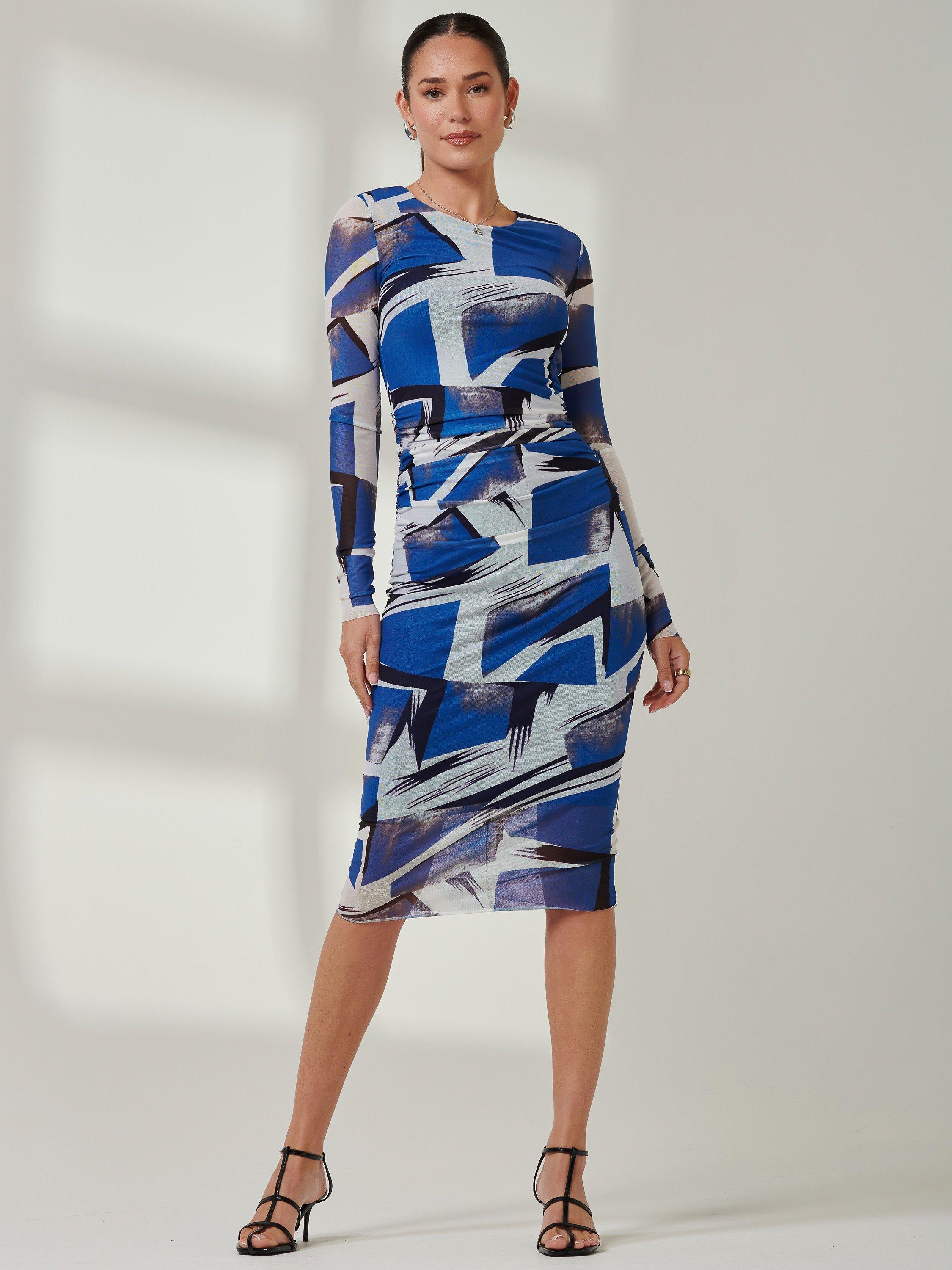 Product image 1 of 6, which shows Jolie Moi Mesh Bodycon Midi Dress, Blue, 8