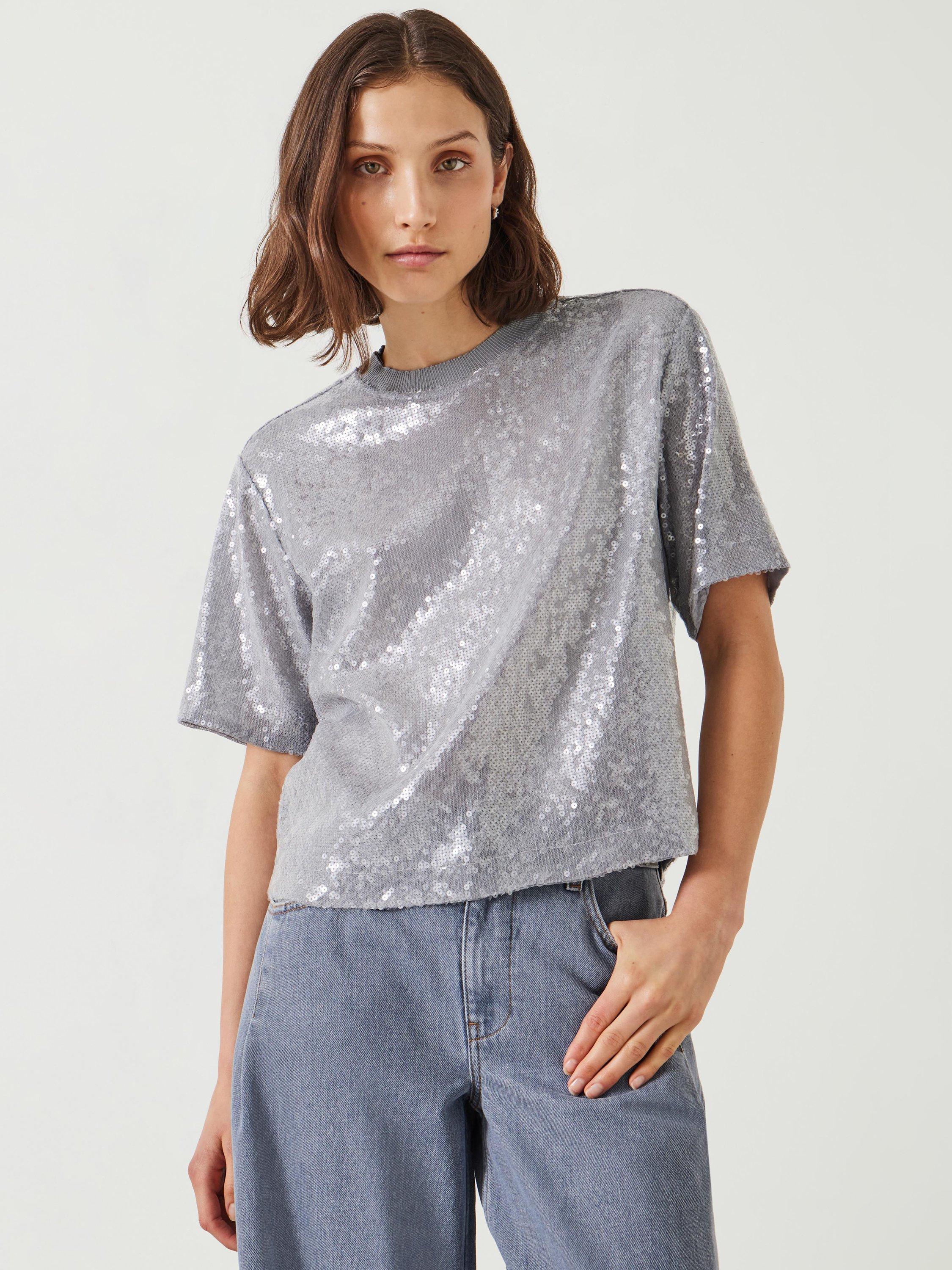 Product image 1 of 5, which shows HUSH Holly Sequin T-Shirt, Grey, XXS